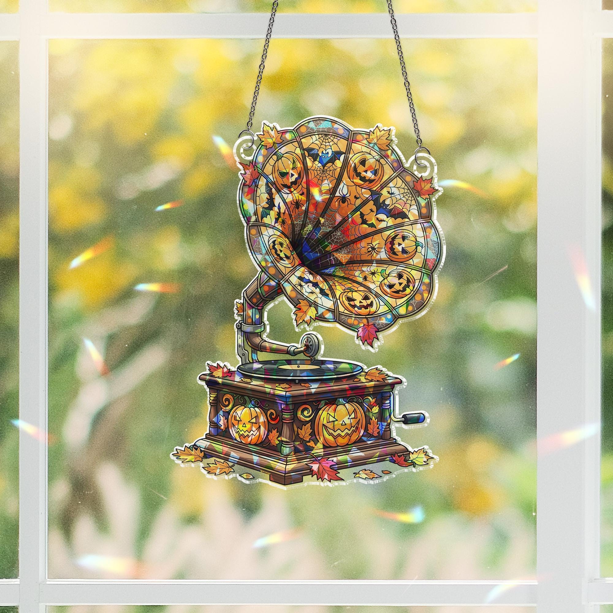 Halloween Phonograph Suncatcher – Stained Glass Jack-o’-Lantern Gramophone Window Decor