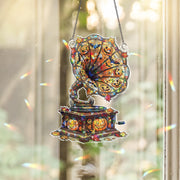 Halloween Phonograph Suncatcher – Stained Glass Jack-o’-Lantern Gramophone Window Decor