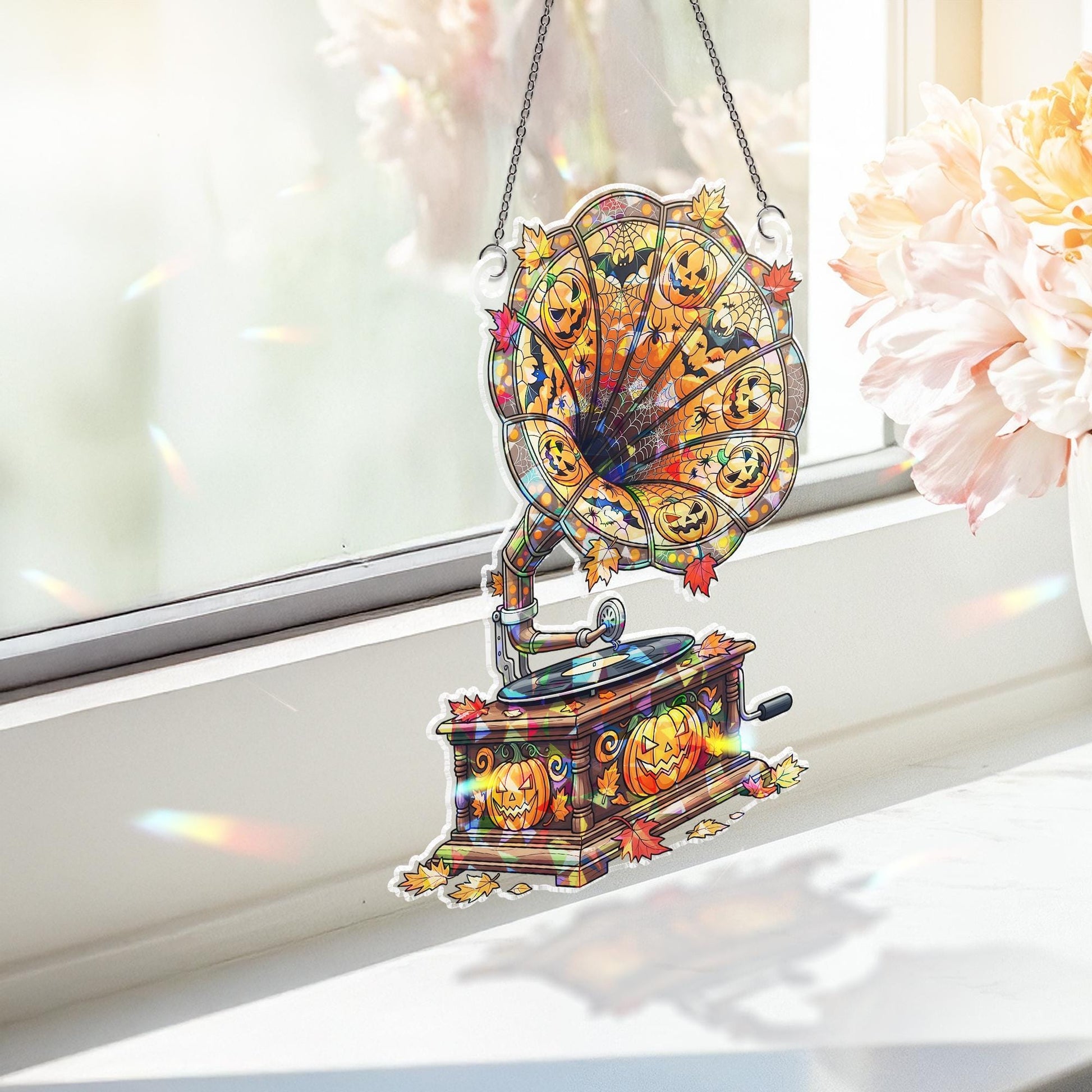 Halloween Phonograph Suncatcher – Stained Glass Jack-o’-Lantern Gramophone Window Decor