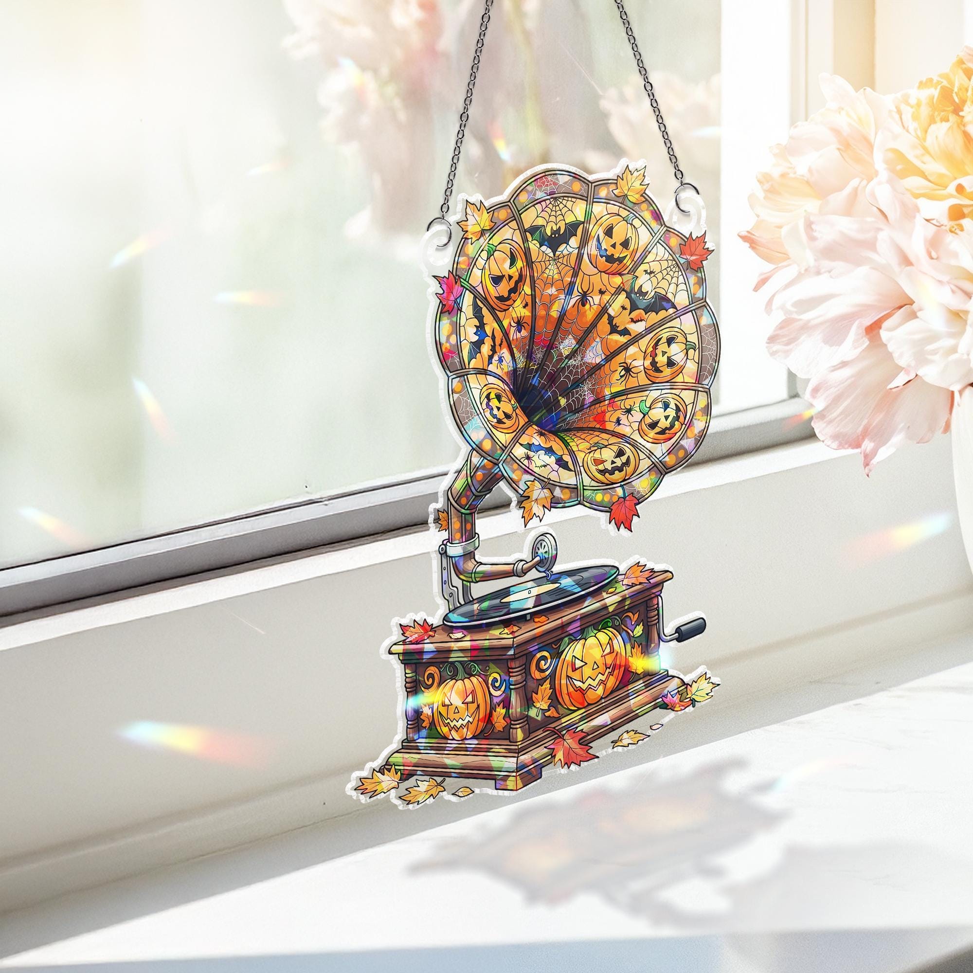 Halloween Phonograph Suncatcher – Stained Glass Jack-o’-Lantern Gramophone Window Decor