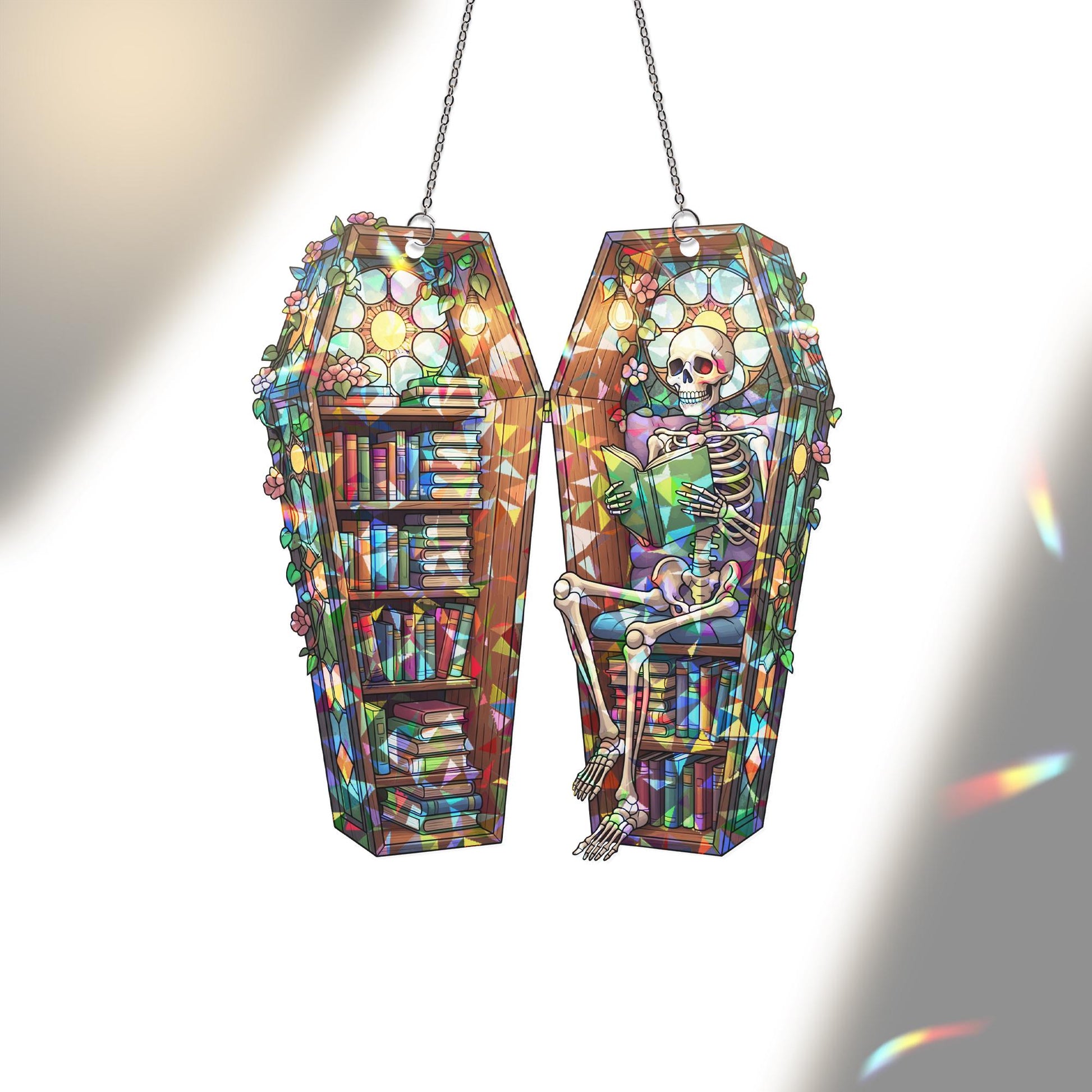 Skeleton Book Lover Suncatcher – Coffin Bookshelf Stained Glass Gothic Window Decor