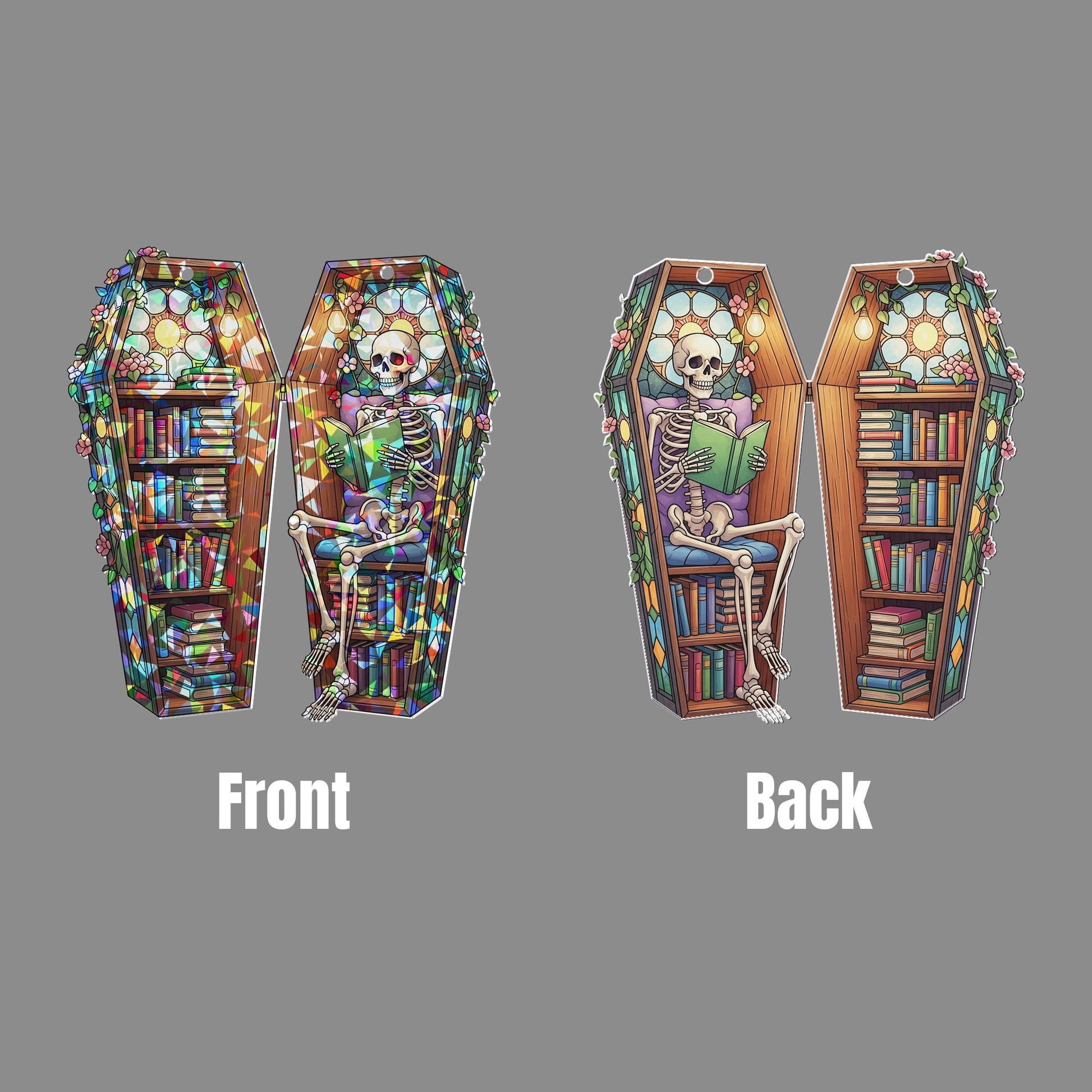 Skeleton Book Lover Suncatcher – Coffin Bookshelf Stained Glass Gothic Window Decor