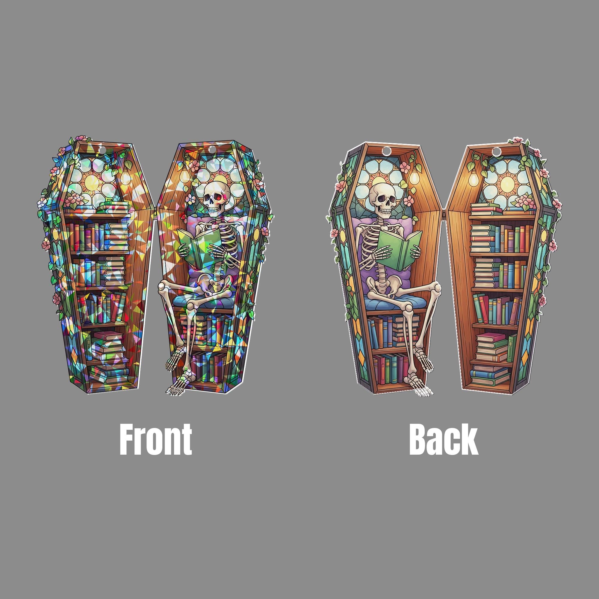 Skeleton Book Lover Suncatcher – Coffin Bookshelf Stained Glass Gothic Window Decor