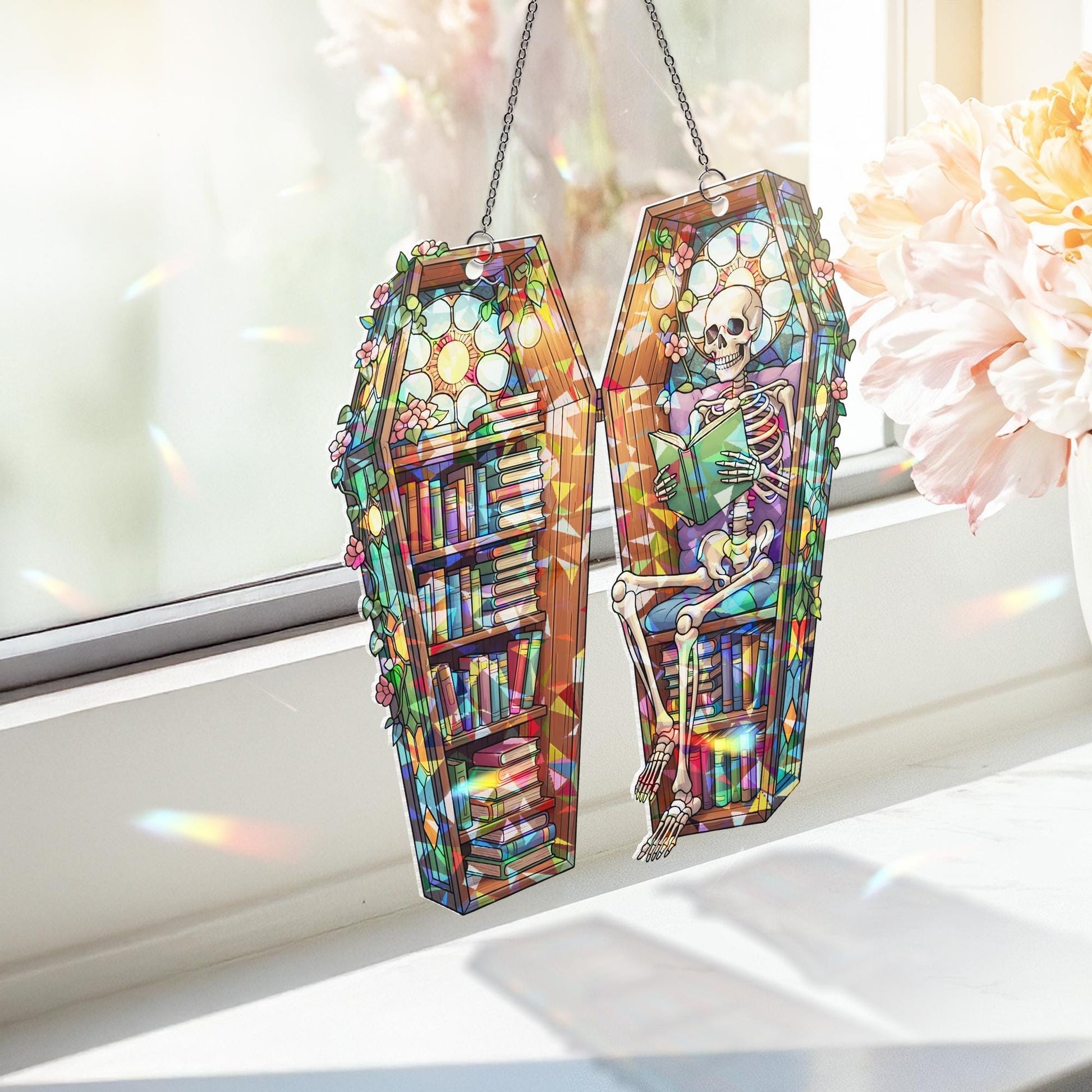 Skeleton Book Lover Suncatcher – Coffin Bookshelf Stained Glass Gothic Window Decor