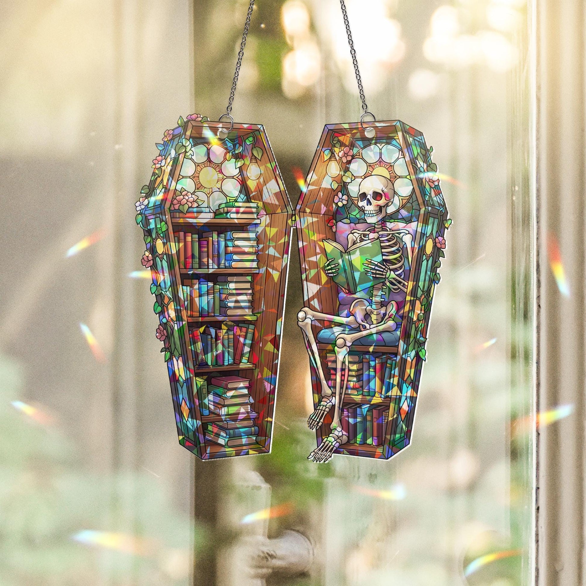 Skeleton Book Lover Suncatcher – Coffin Bookshelf Stained Glass Gothic Window Decor