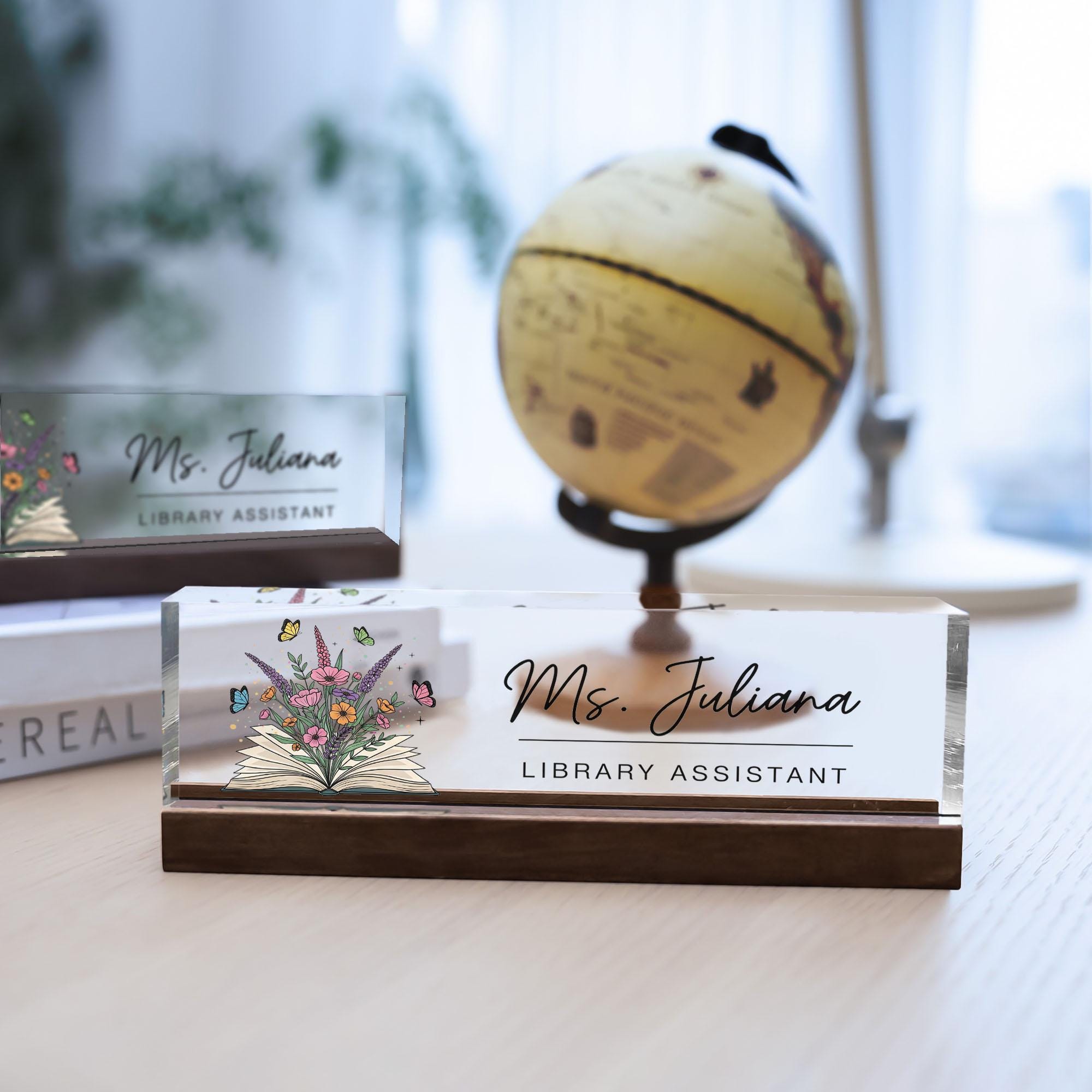 Library Assistant Desk Name Plate, Personalized Acrylic Name Sign, Teacher Gift, Butterfly Floral Office Decor, Custom Office Nameplate