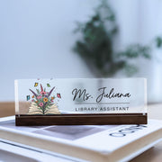 Library Assistant Desk Name Plate, Personalized Acrylic Name Sign, Teacher Gift, Butterfly Floral Office Decor, Custom Office Nameplate