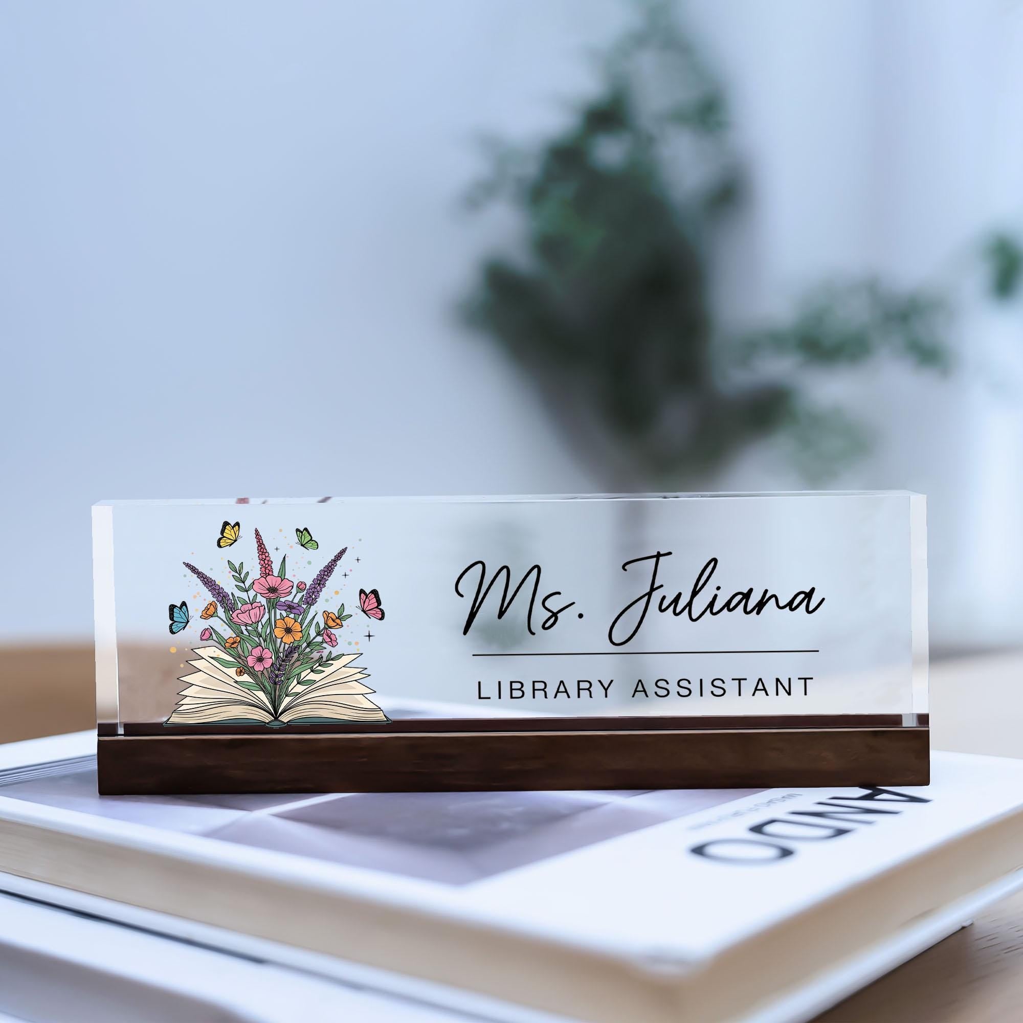 Library Assistant Desk Name Plate, Personalized Acrylic Name Sign, Teacher Gift, Butterfly Floral Office Decor, Custom Office Nameplate