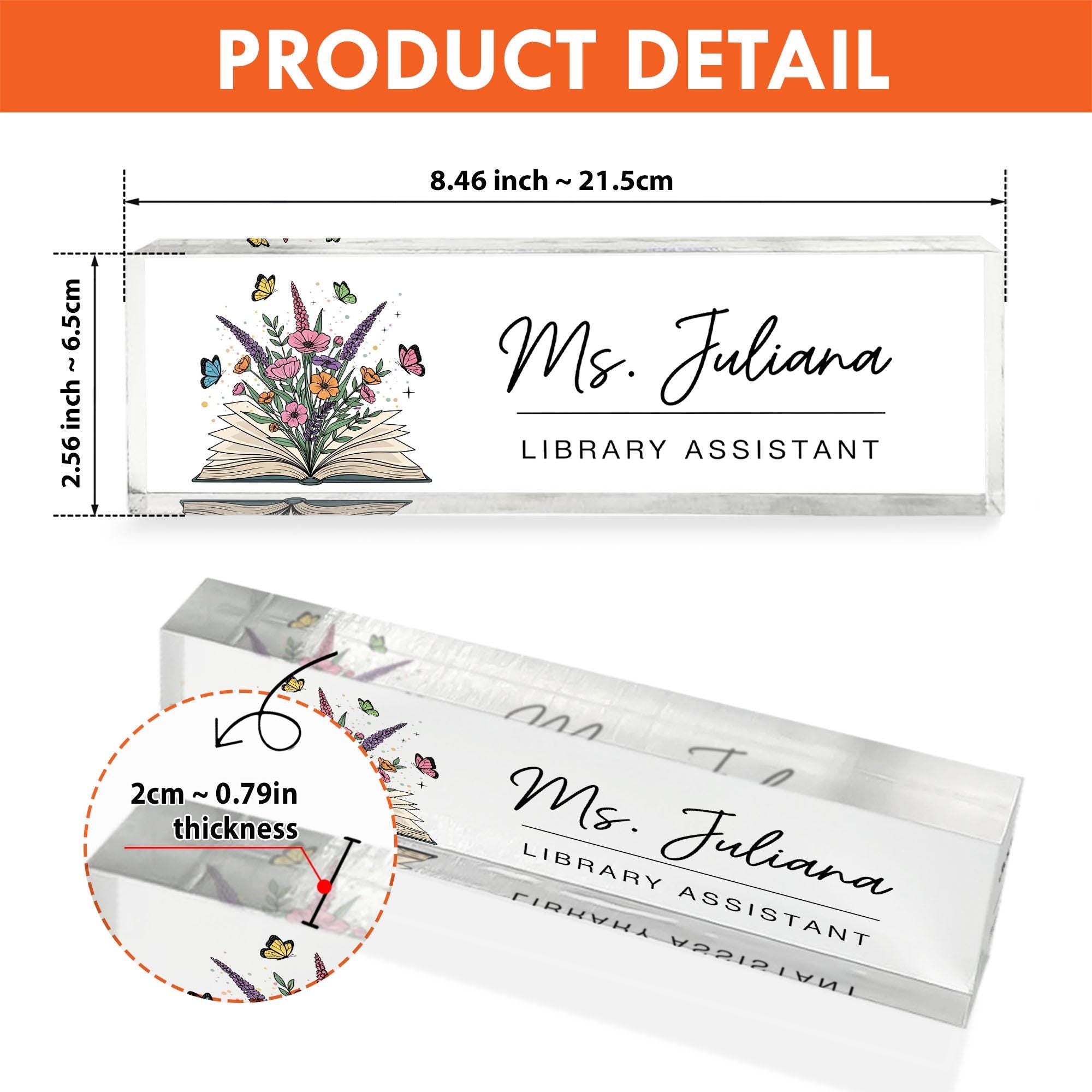 Library Assistant Desk Name Plate, Personalized Acrylic Name Sign, Teacher Gift, Butterfly Floral Office Decor, Custom Office Nameplate