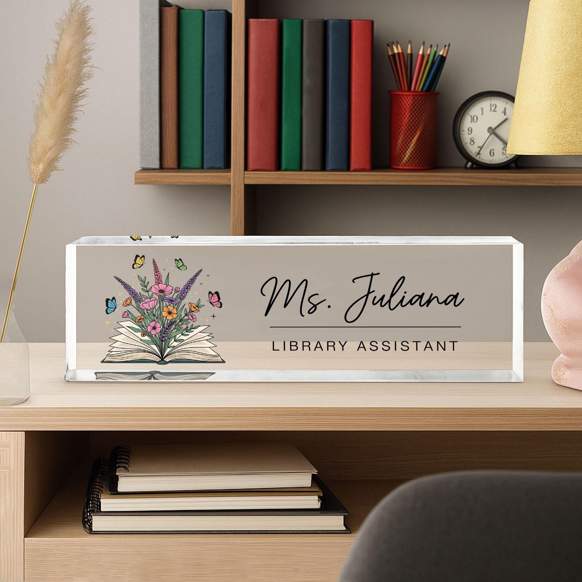 Library Assistant Desk Name Plate, Personalized Acrylic Name Sign, Teacher Gift, Butterfly Floral Office Decor, Custom Office Nameplate