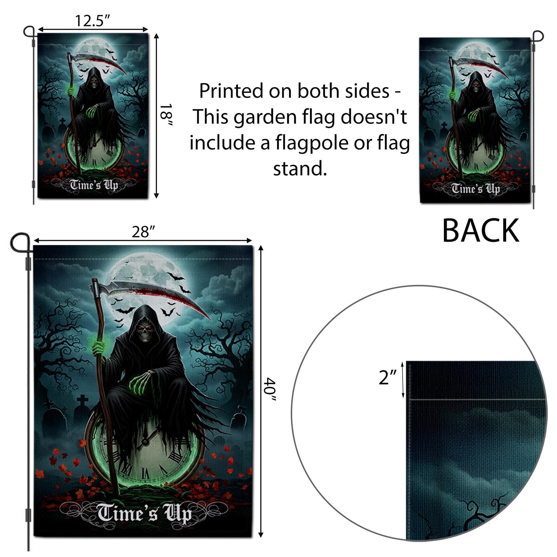 Grim Reaper Garden Flag – “Time’s Up” Halloween Yard Decor, Spooky Skeleton Flag, Scary Outdoor Decoration, Gothic Horror Lawn Sign