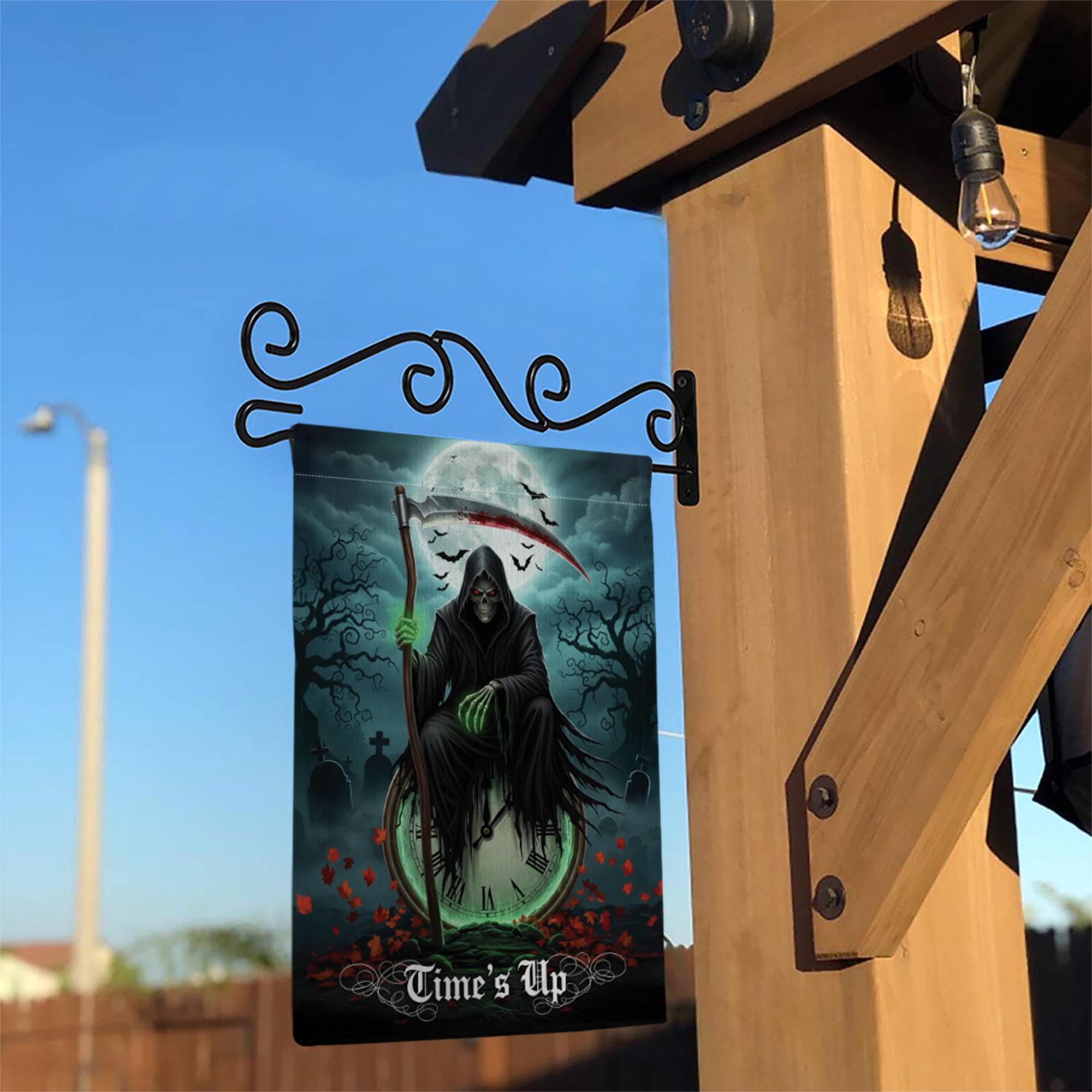 Grim Reaper Garden Flag – “Time’s Up” Halloween Yard Decor, Spooky Skeleton Flag, Scary Outdoor Decoration, Gothic Horror Lawn Sign