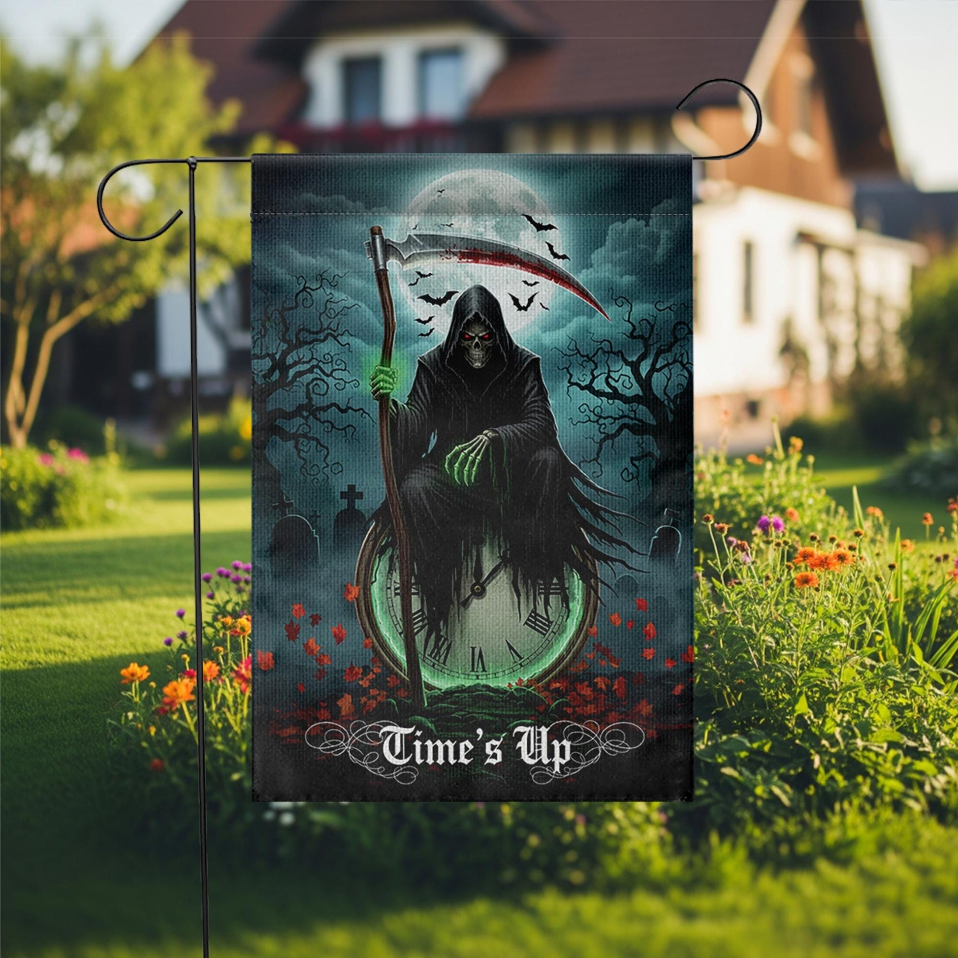 Grim Reaper Garden Flag – “Time’s Up” Halloween Yard Decor, Spooky Skeleton Flag, Scary Outdoor Decoration, Gothic Horror Lawn Sign