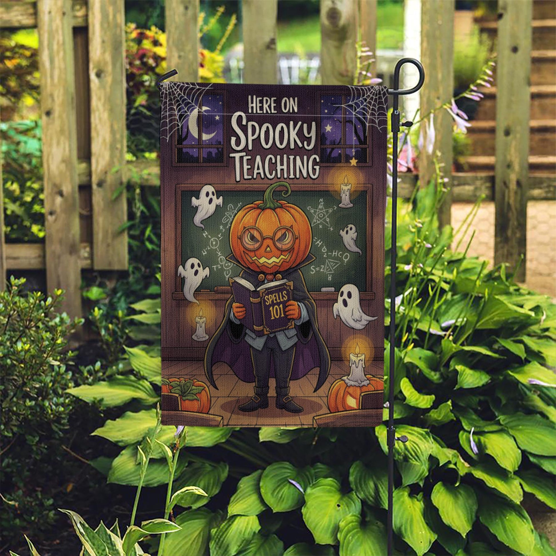 Spooky Teaching Garden Flag – Halloween Teacher Decor, Pumpkin Head School Flag, Funny Classroom Yard Sign, Ghost Math Spell Banner