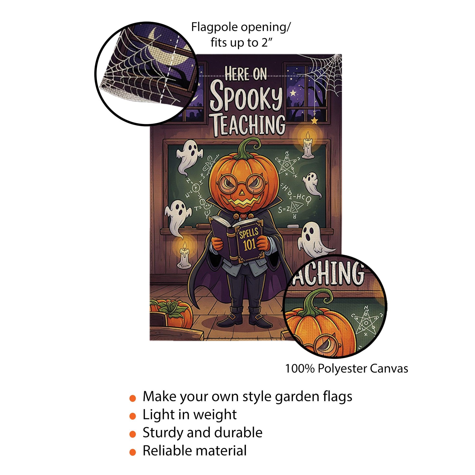Spooky Teaching Garden Flag – Halloween Teacher Decor, Pumpkin Head School Flag, Funny Classroom Yard Sign, Ghost Math Spell Banner