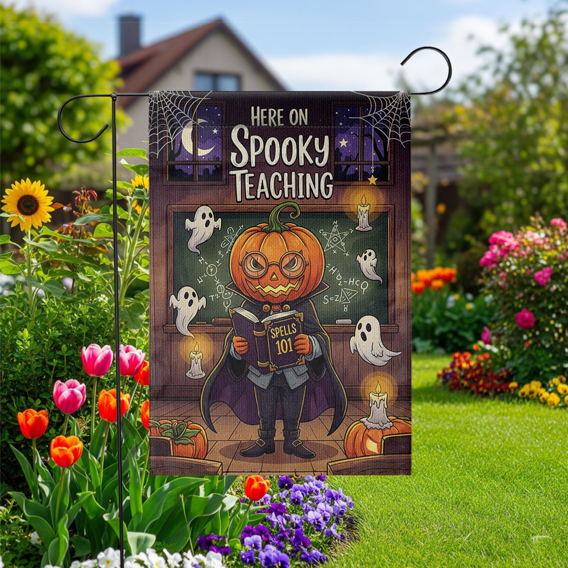 Spooky Teaching Garden Flag – Halloween Teacher Decor, Pumpkin Head School Flag, Funny Classroom Yard Sign, Ghost Math Spell Banner
