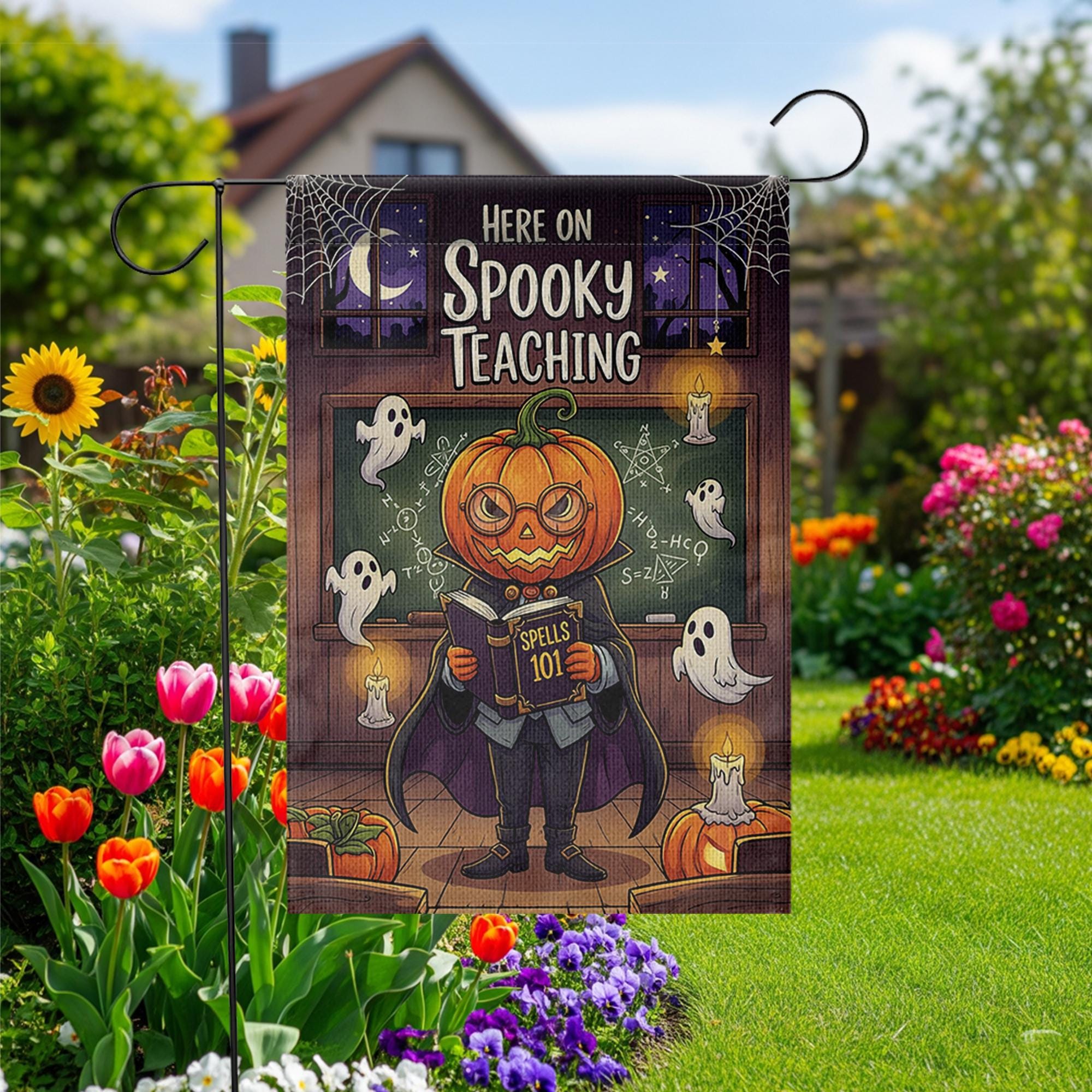 Spooky Teaching Garden Flag – Halloween Teacher Decor, Pumpkin Head School Flag, Funny Classroom Yard Sign, Ghost Math Spell Banner