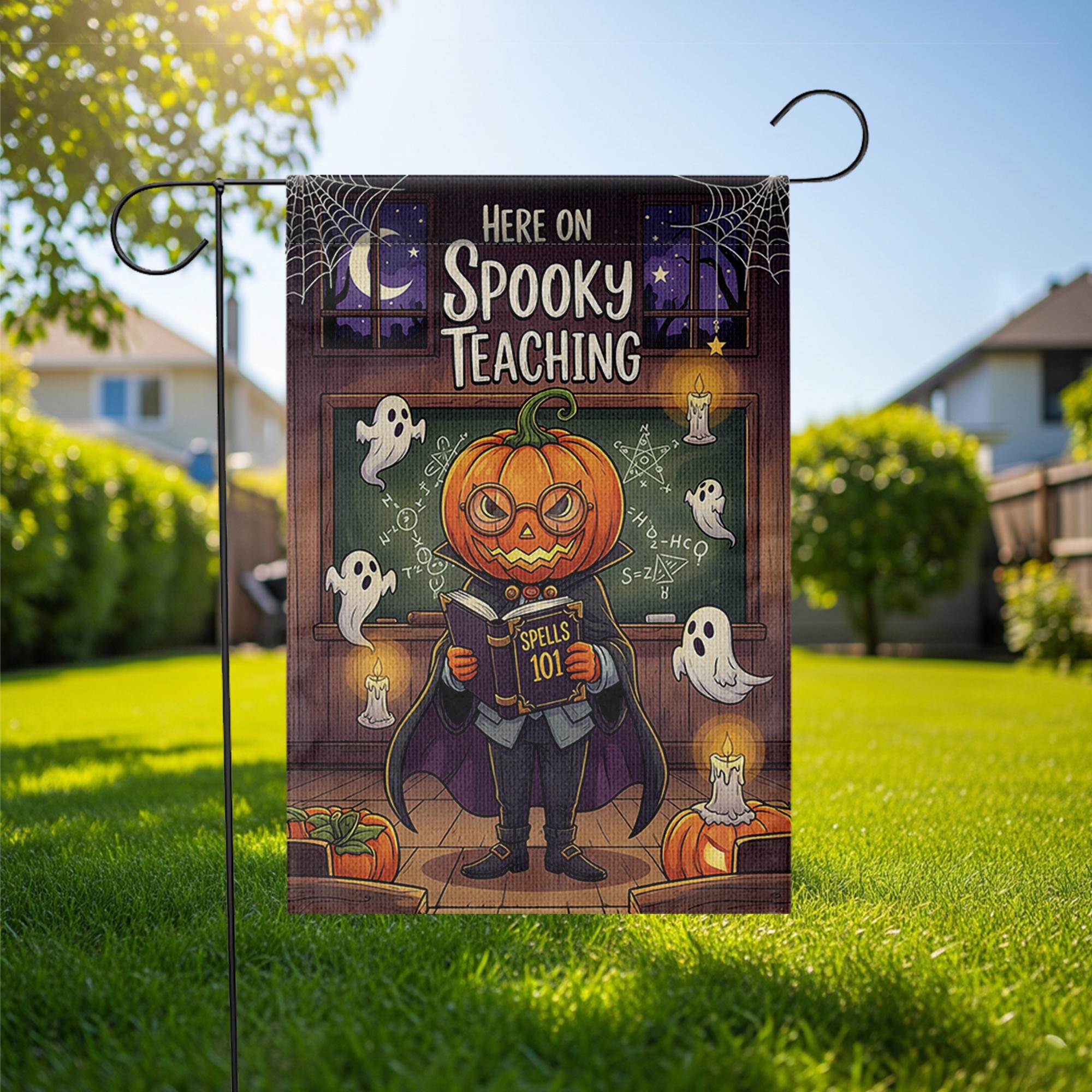 Spooky Teaching Garden Flag – Halloween Teacher Decor, Pumpkin Head School Flag, Funny Classroom Yard Sign, Ghost Math Spell Banner