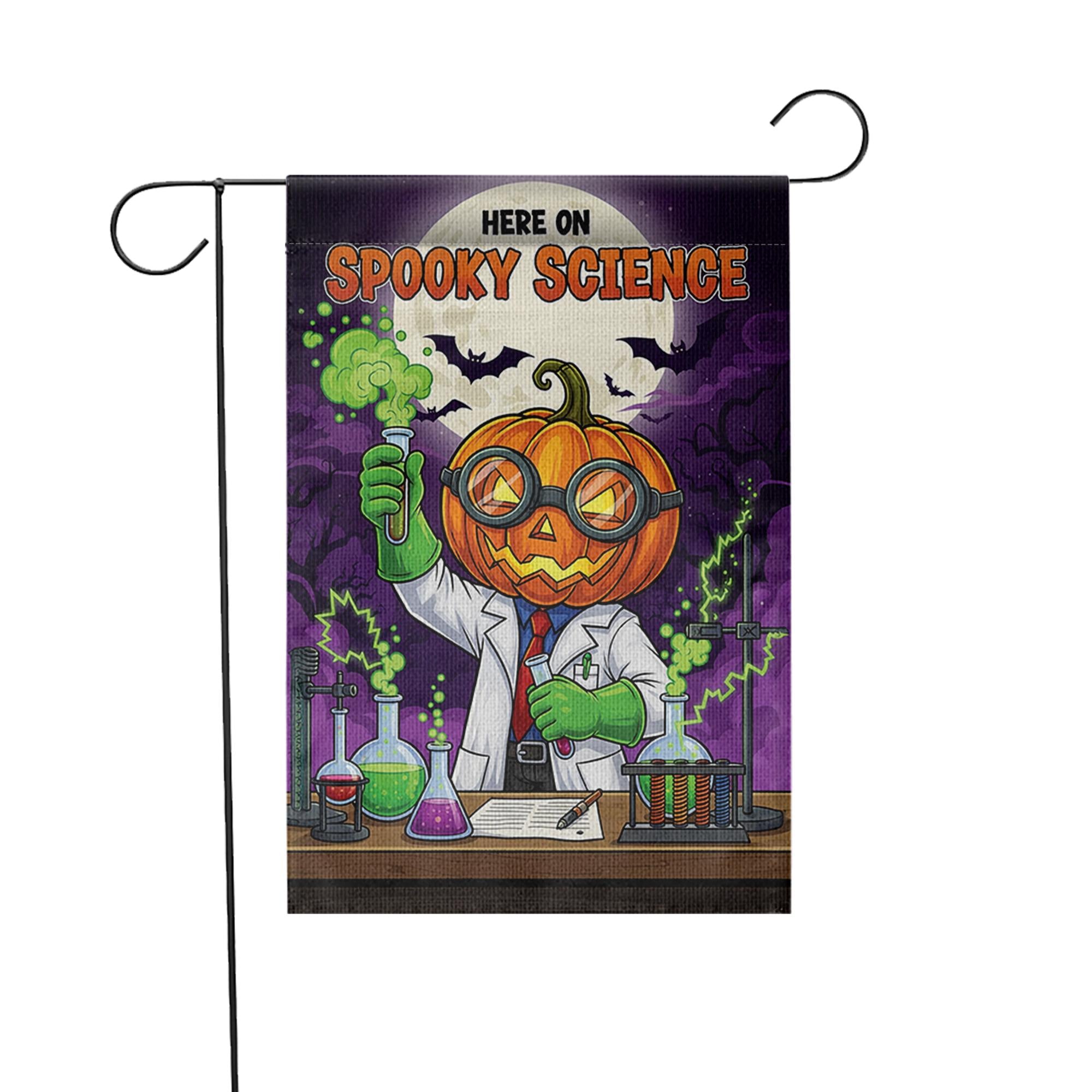 Spooky Science Garden Flag – Halloween Scientist Yard Decor, Pumpkin Head Lab Banner, Funny Chemistry Flag for Teachers & Classrooms