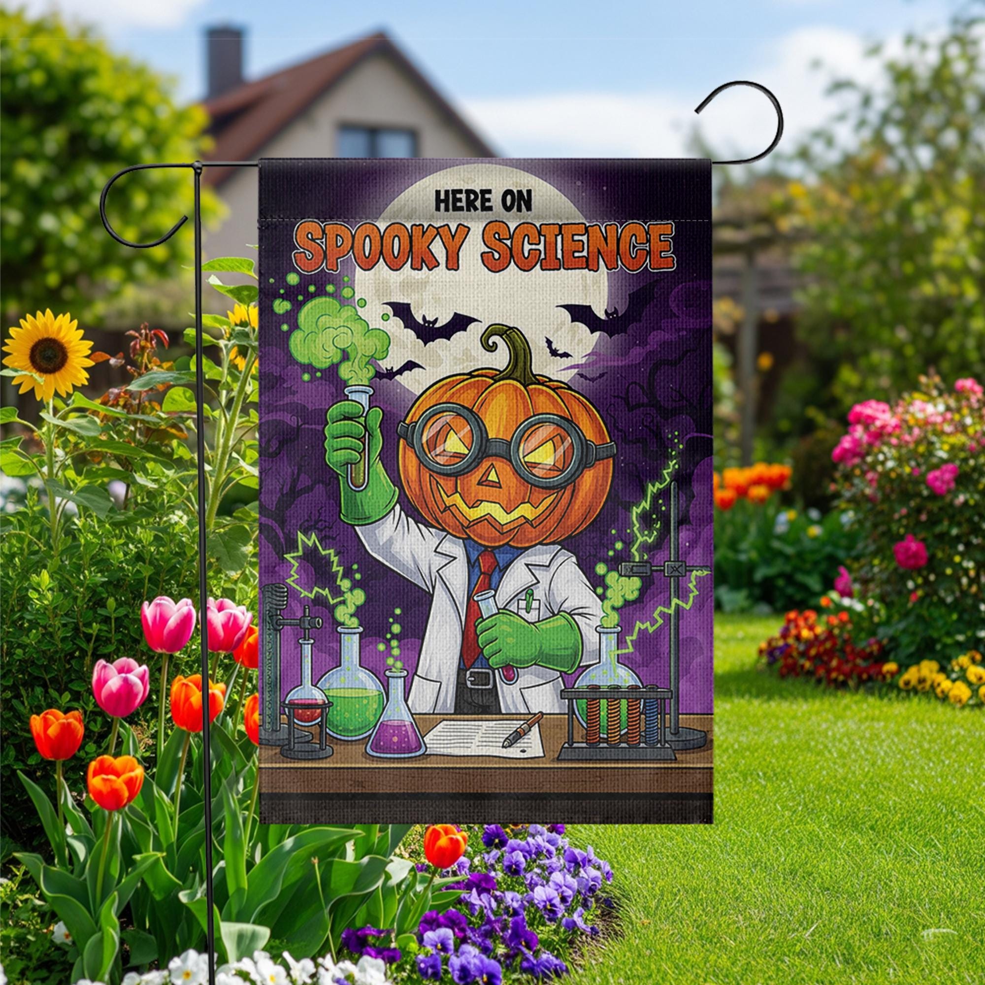 Spooky Science Garden Flag – Halloween Scientist Yard Decor, Pumpkin Head Lab Banner, Funny Chemistry Flag for Teachers & Classrooms
