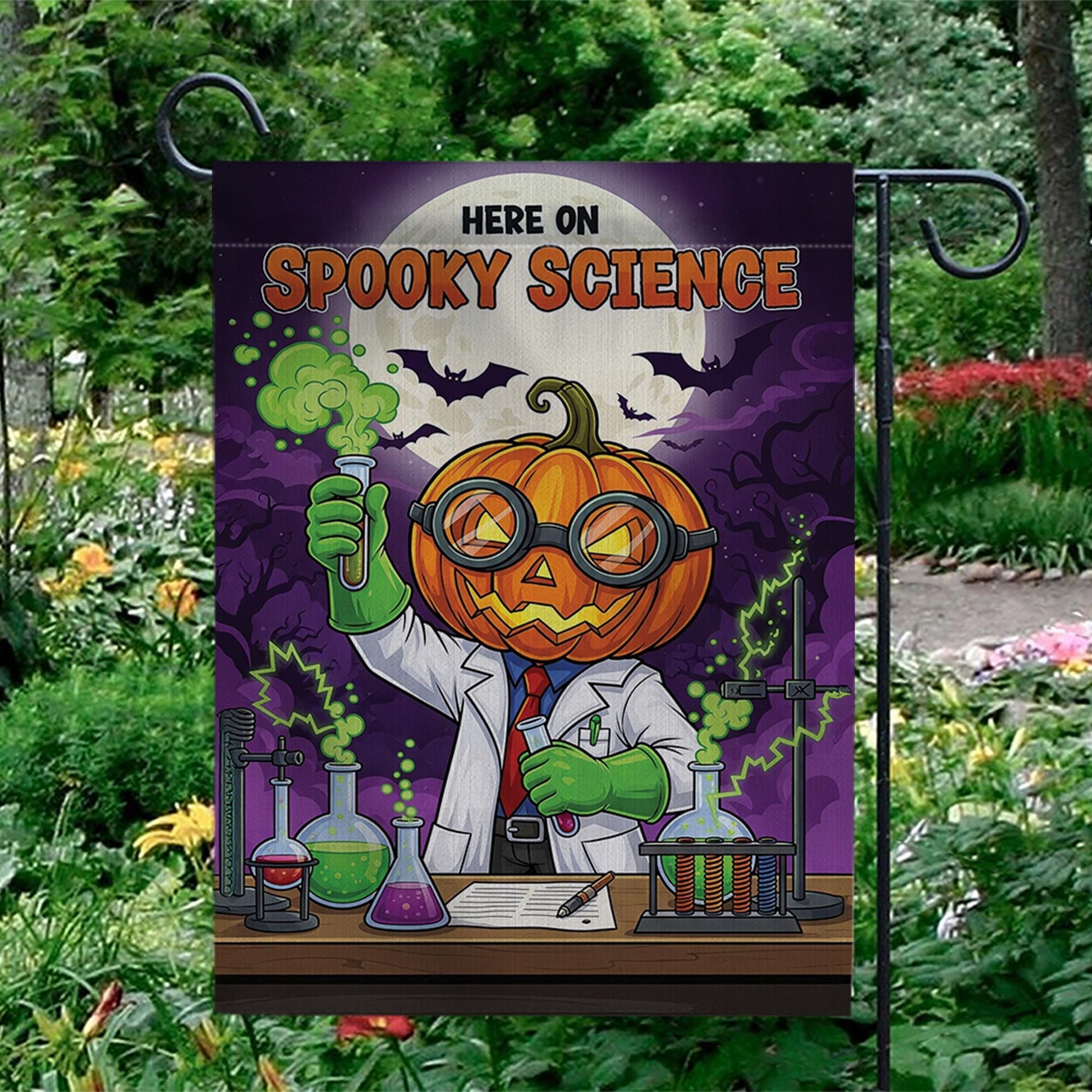 Spooky Science Garden Flag – Halloween Scientist Yard Decor, Pumpkin Head Lab Banner, Funny Chemistry Flag for Teachers & Classrooms