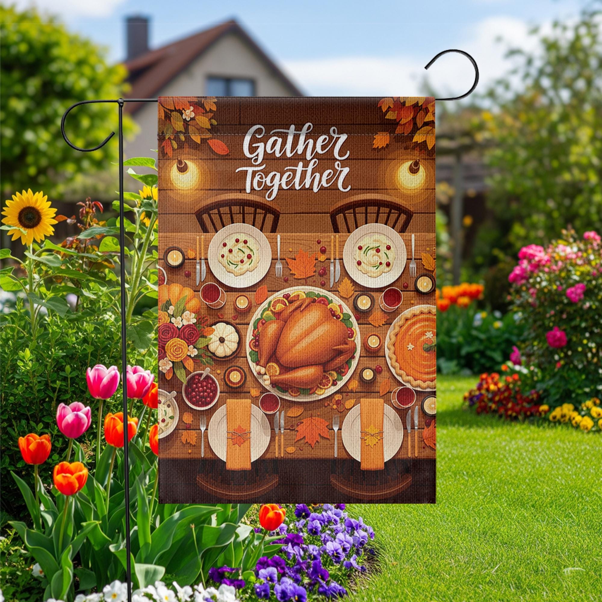 Gather Together Garden Flag – Thanksgiving Dinner Table Yard Decor, Fall Harvest Outdoor Banner, Autumn Family Welcome Flag
