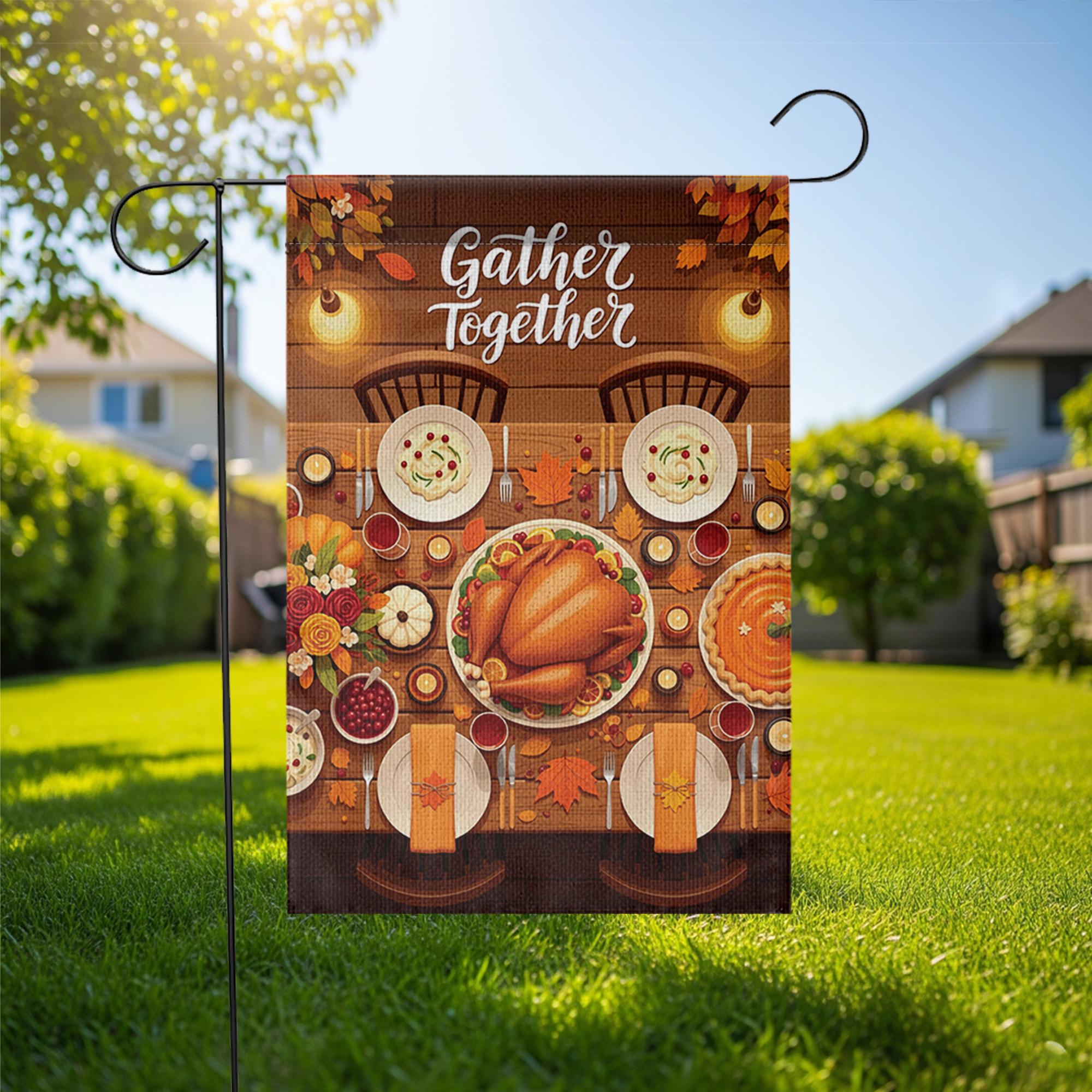 Gather Together Garden Flag – Thanksgiving Dinner Table Yard Decor, Fall Harvest Outdoor Banner, Autumn Family Welcome Flag