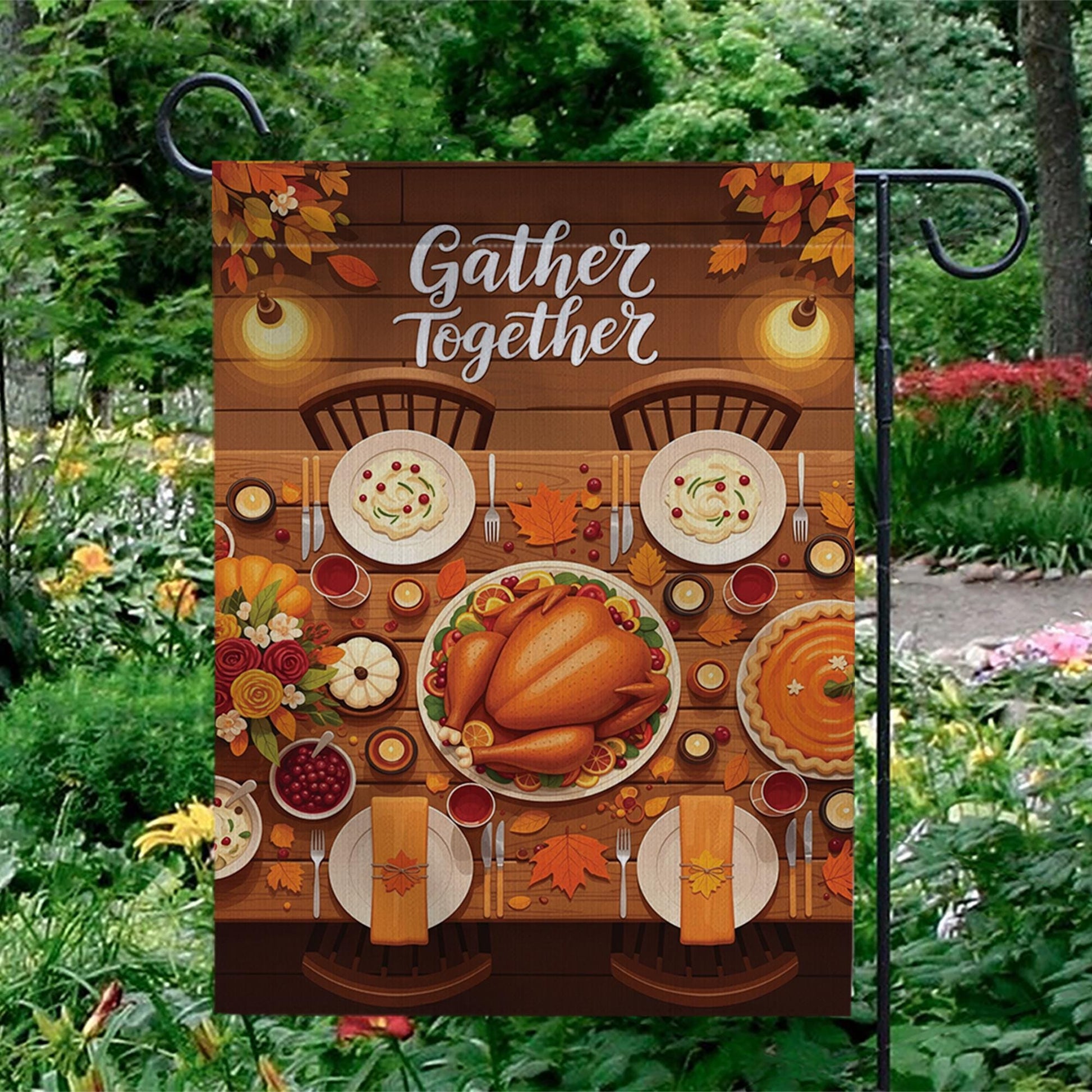 Gather Together Garden Flag – Thanksgiving Dinner Table Yard Decor, Fall Harvest Outdoor Banner, Autumn Family Welcome Flag