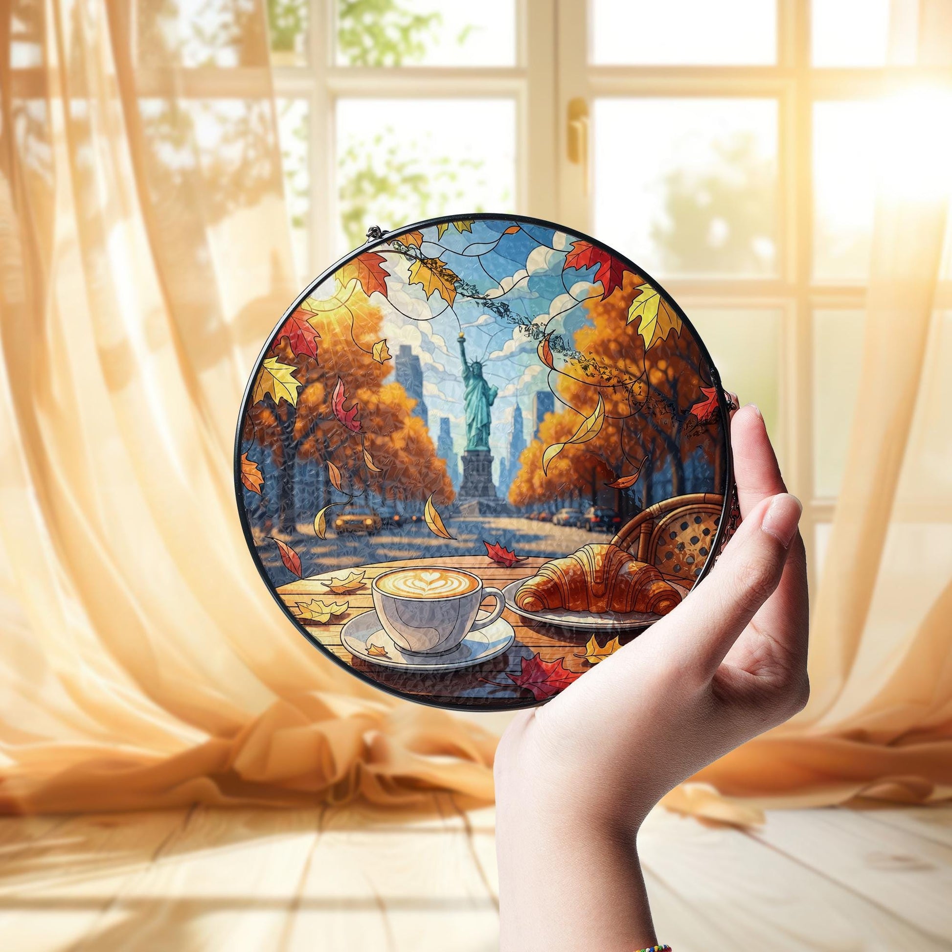 Fall Coffee Window Hanging – Statue of Liberty Suncatcher, Autumn NYC Stained Glass Decor, Croissant Café Window Sign