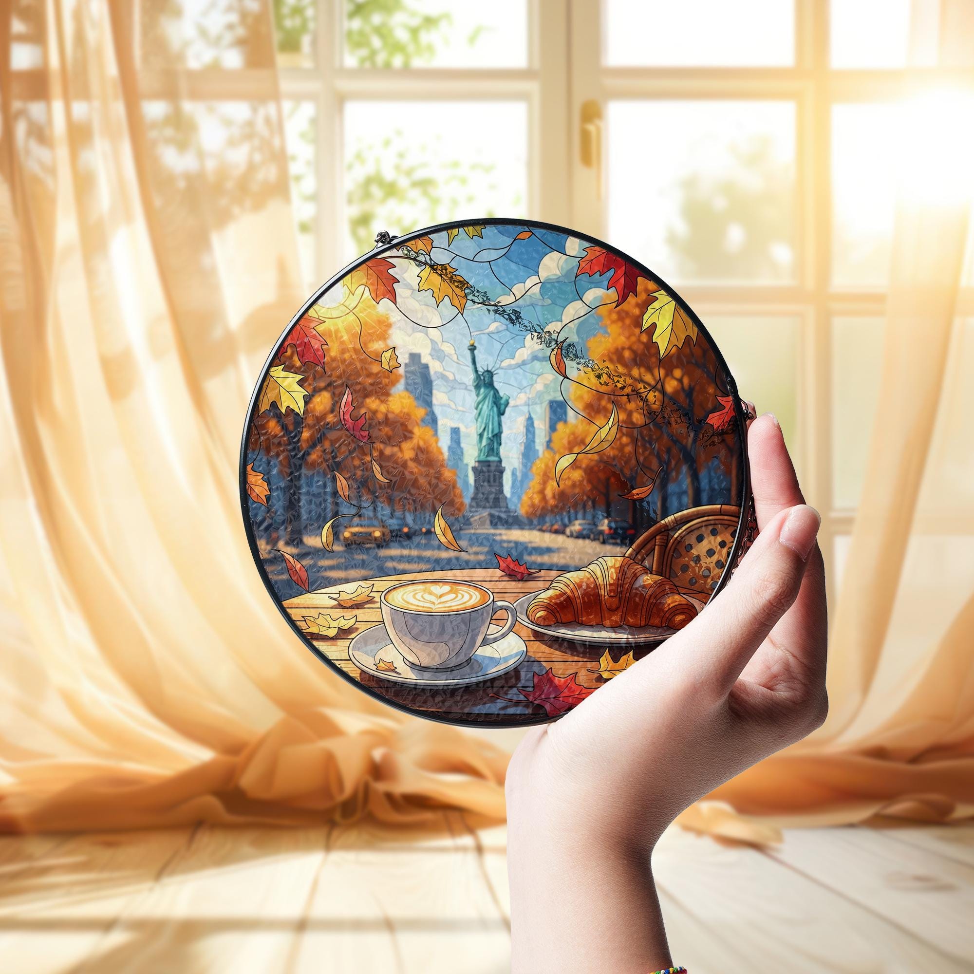 Fall Coffee Window Hanging – Statue of Liberty Suncatcher, Autumn NYC Stained Glass Decor, Croissant Café Window Sign