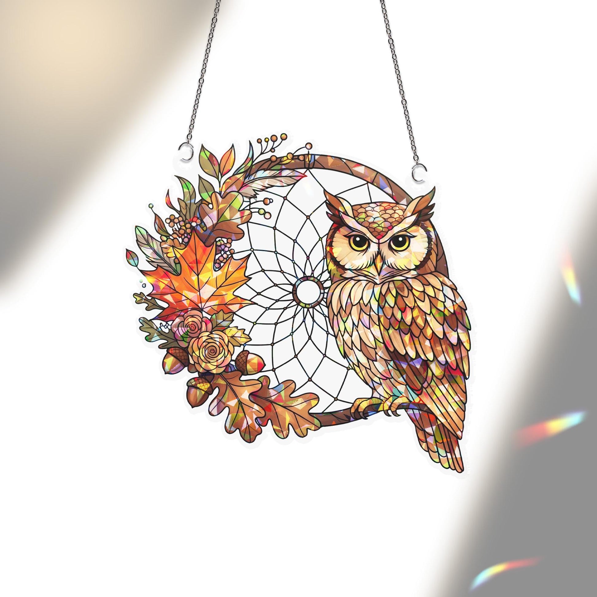 Owl Dreamcatcher Suncatcher – Fall Stained Glass Window Hanging, Autumn Owl Decor, Boho Woodland Leaf Sun Catcher Gift