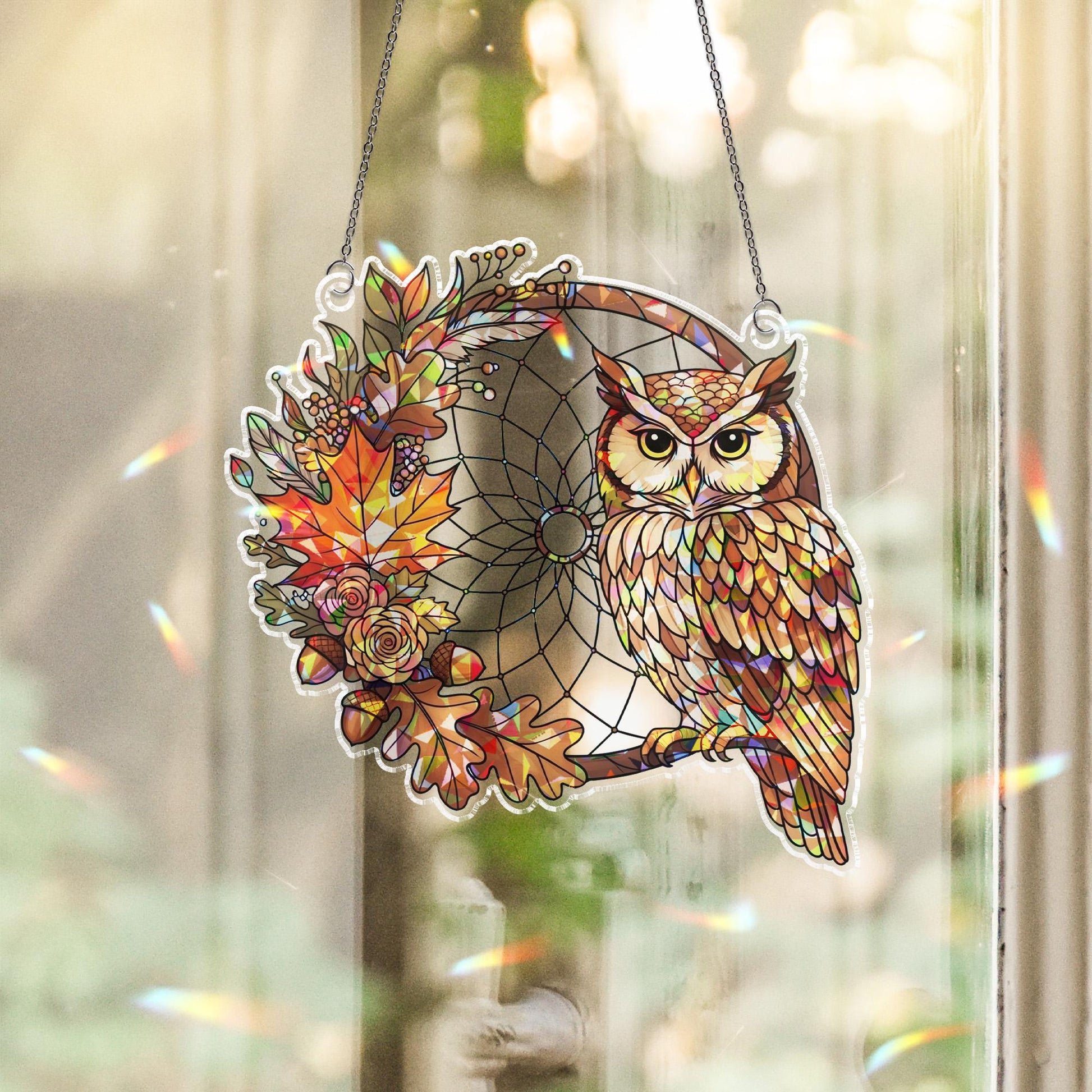 Owl Dreamcatcher Suncatcher – Fall Stained Glass Window Hanging, Autumn Owl Decor, Boho Woodland Leaf Sun Catcher Gift