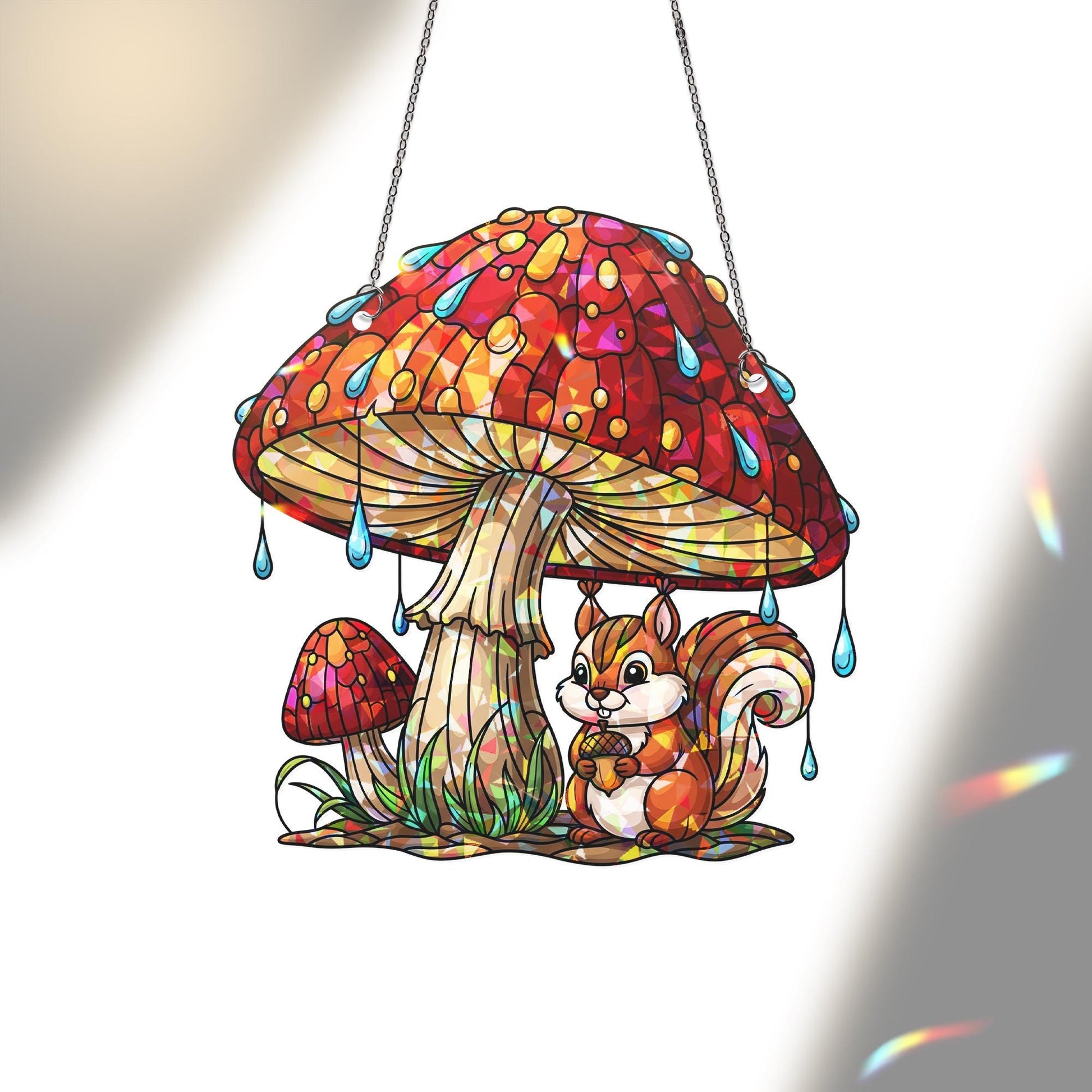 Squirrel Mushroom Suncatcher – Fall Stained Glass Window Hanging, Woodland Animal Decor, Cute Autumn Acorn Sun Catcher Gift