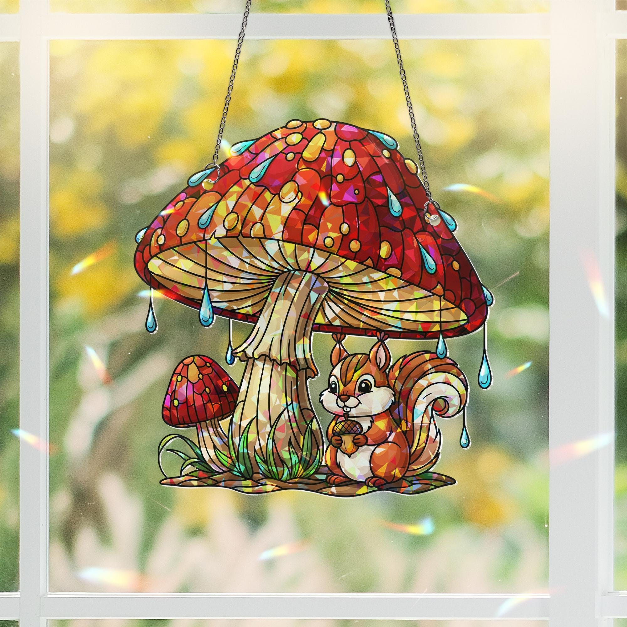 Squirrel Mushroom Suncatcher – Fall Stained Glass Window Hanging, Woodland Animal Decor, Cute Autumn Acorn Sun Catcher Gift