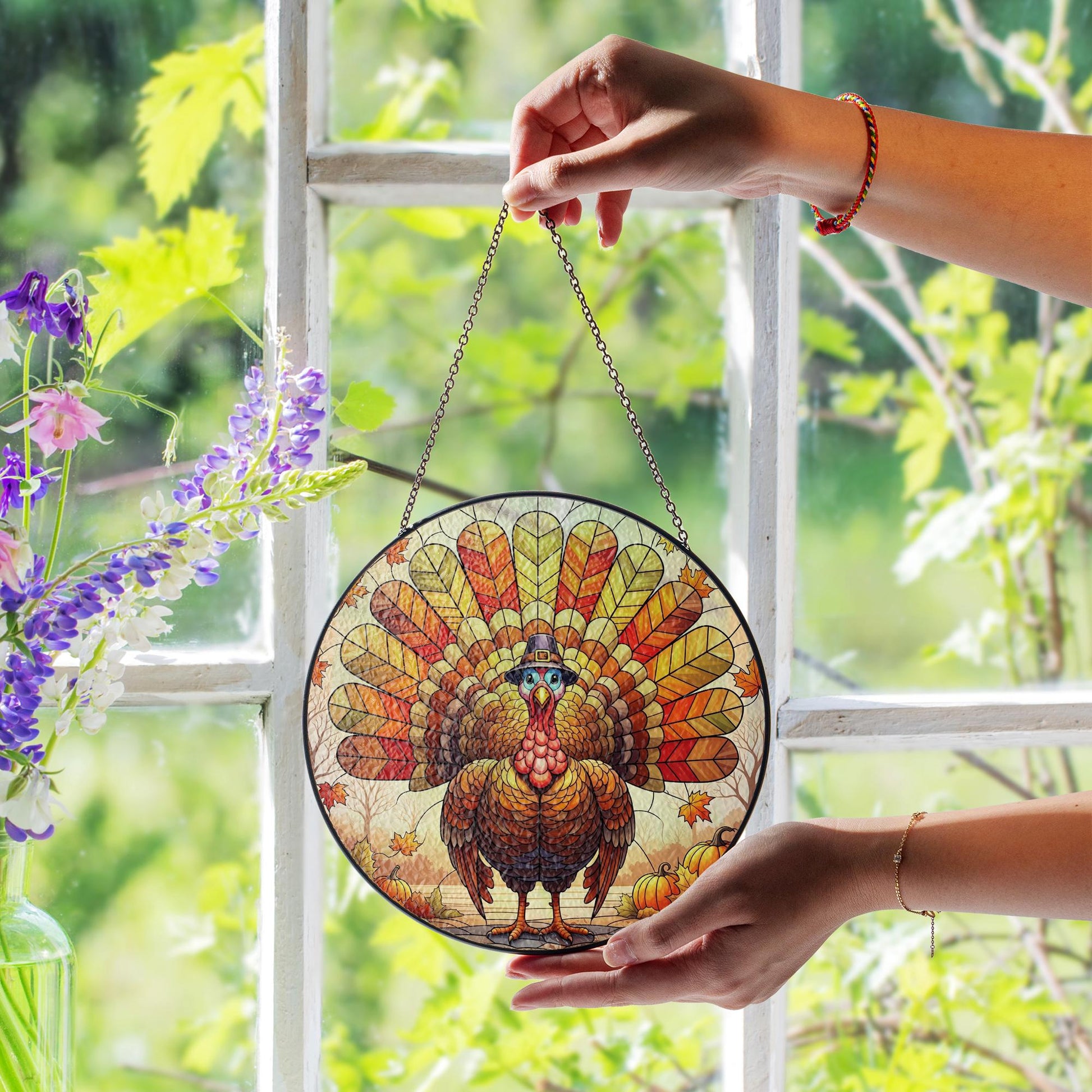 Thanksgiving Turkey Stained Glass Suncatcher | Fall Window Hanging Decor | Autumn Leaf Sun Catcher Ornament