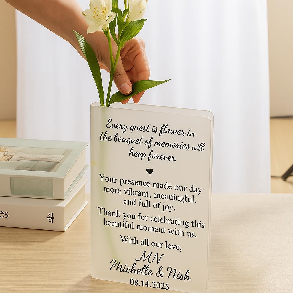 Personalized Wedding Flower Book Vase, Vase Acrylic Guest Thank You Favor, Wedding Reception Sign, Unique Custom Wedding Gift