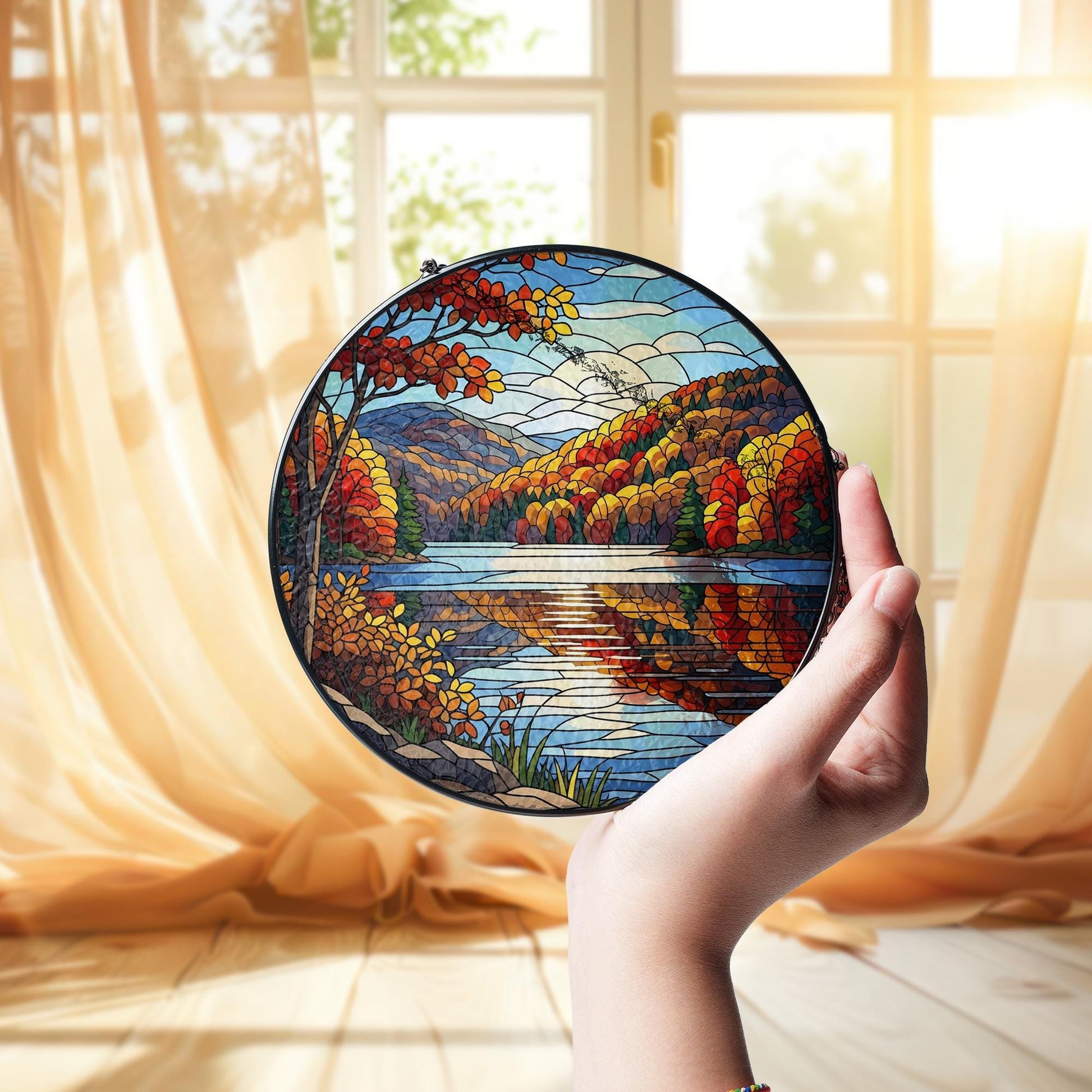 Autumn Lake Faux Stained Glass Suncatcher - Fall Foliage Mountain Scene Window Hanging, Cozy Nature Decor for Rustic Seasonal Homes