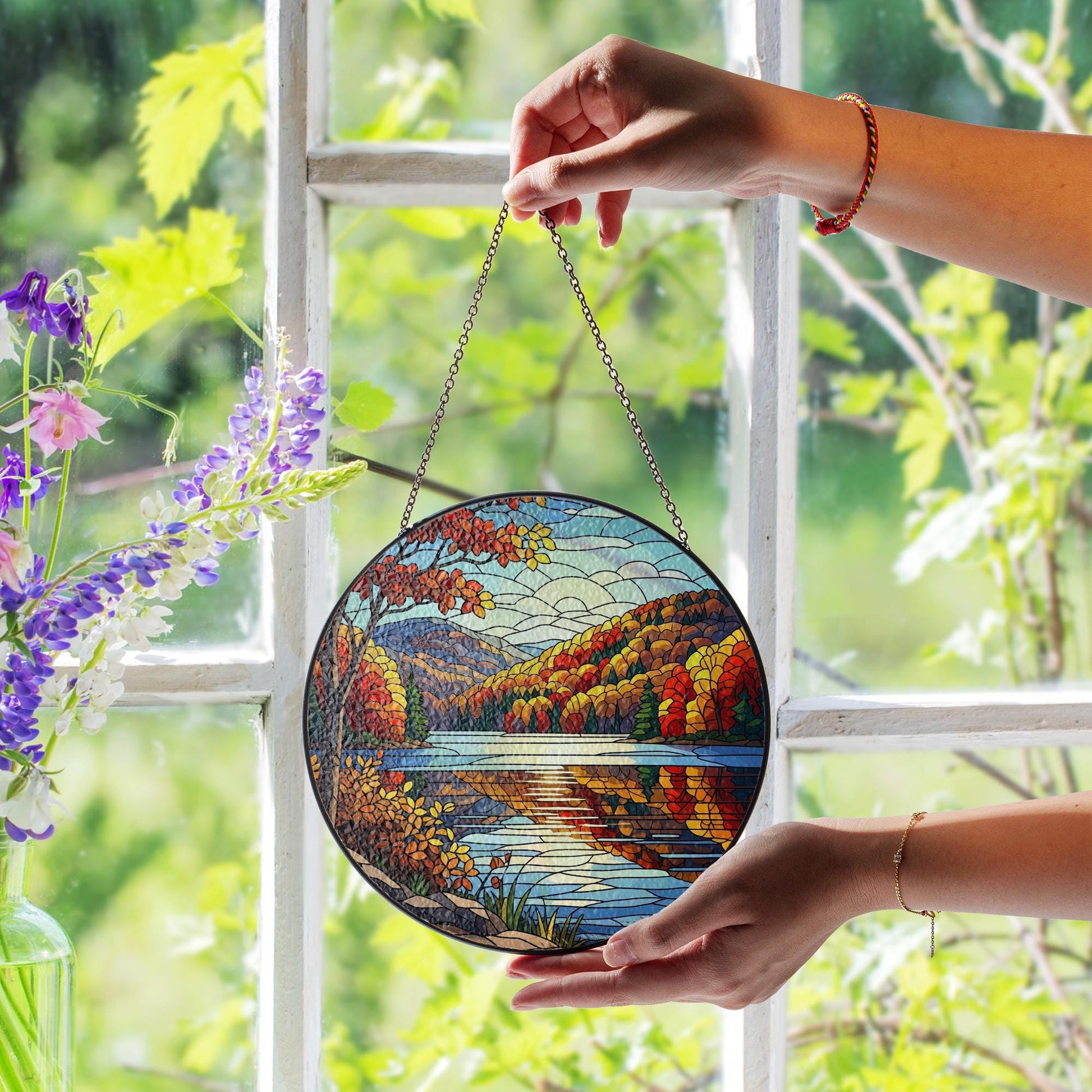 Autumn Lake Faux Stained Glass Suncatcher - Fall Foliage Mountain Scene Window Hanging, Cozy Nature Decor for Rustic Seasonal Homes