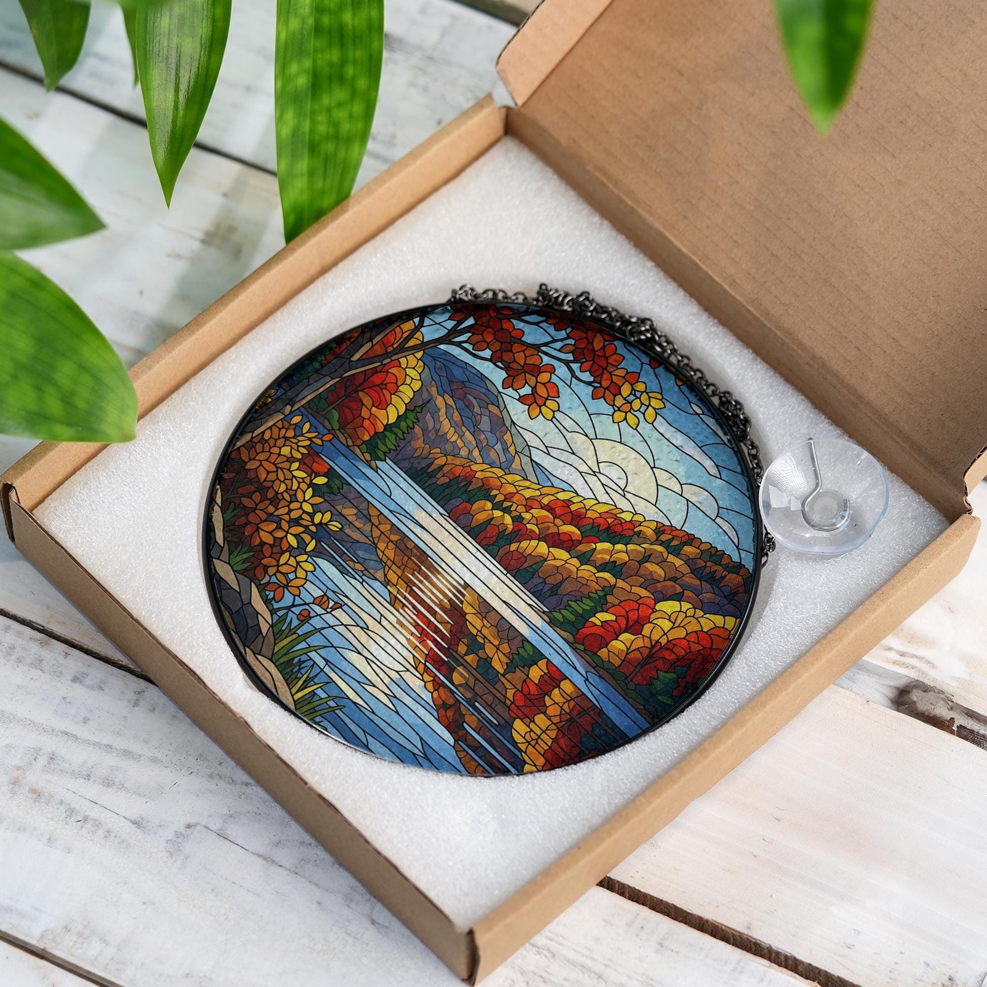 Autumn Lake Faux Stained Glass Suncatcher - Fall Foliage Mountain Scene Window Hanging, Cozy Nature Decor for Rustic Seasonal Homes