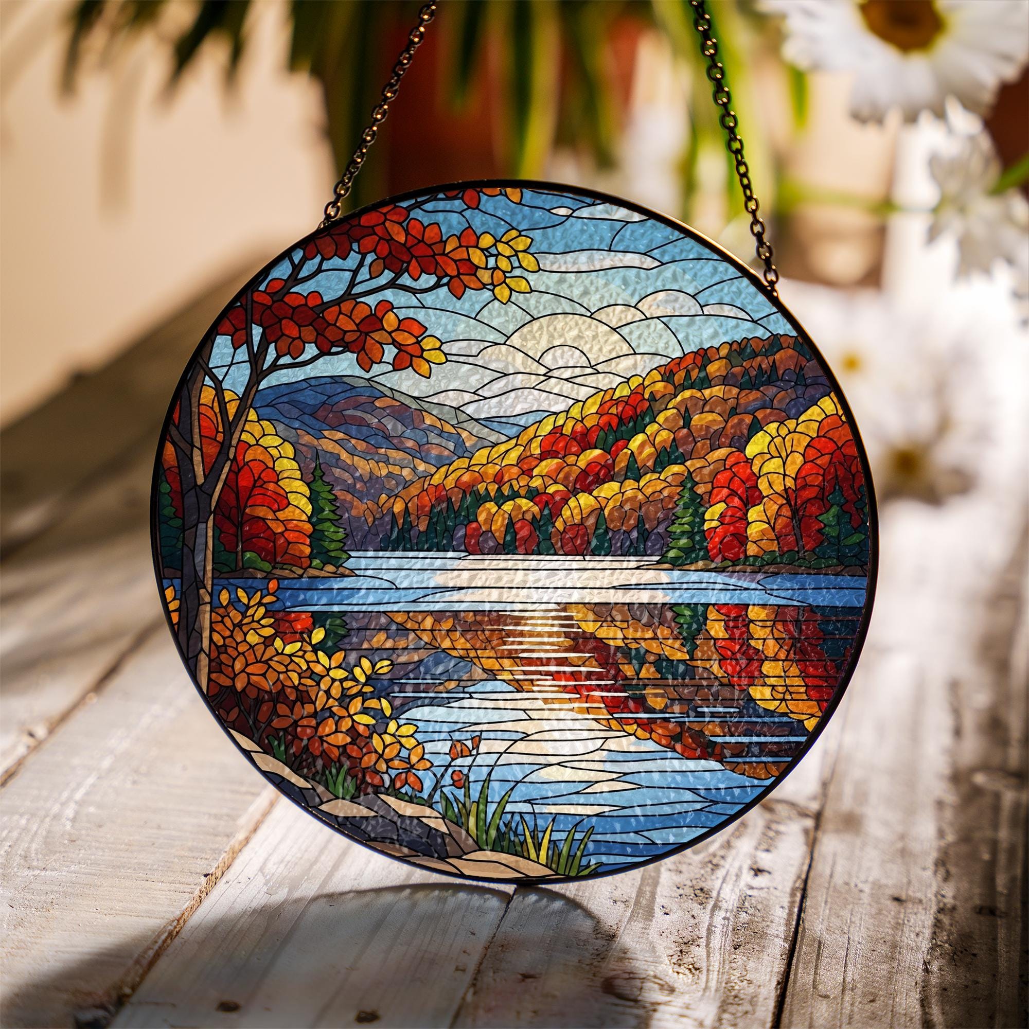 Autumn Lake Faux Stained Glass Suncatcher - Fall Foliage Mountain Scene Window Hanging, Cozy Nature Decor for Rustic Seasonal Homes