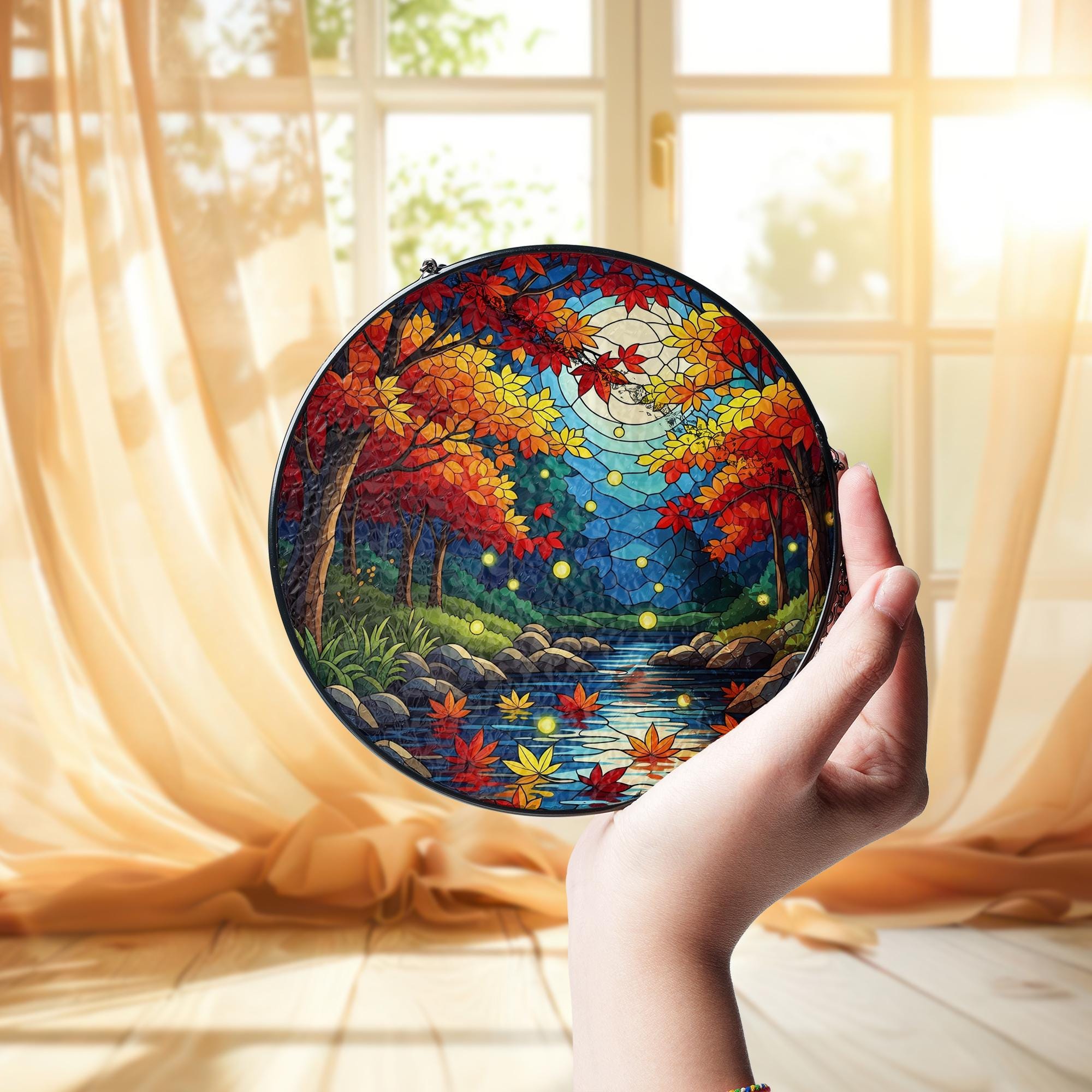 Autumn Forest Moon Suncatcher - Faux Stained Glass Fall Window Decor, Firefly Night River Scene Hanging for Cozy Woodland Vibes