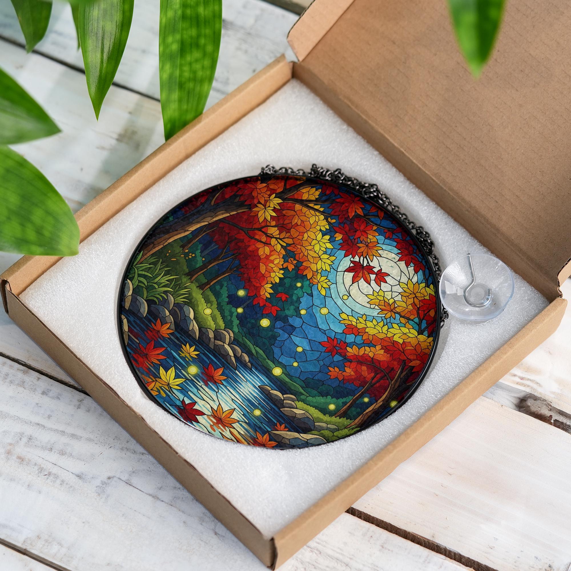 Autumn Forest Moon Suncatcher - Faux Stained Glass Fall Window Decor, Firefly Night River Scene Hanging for Cozy Woodland Vibes