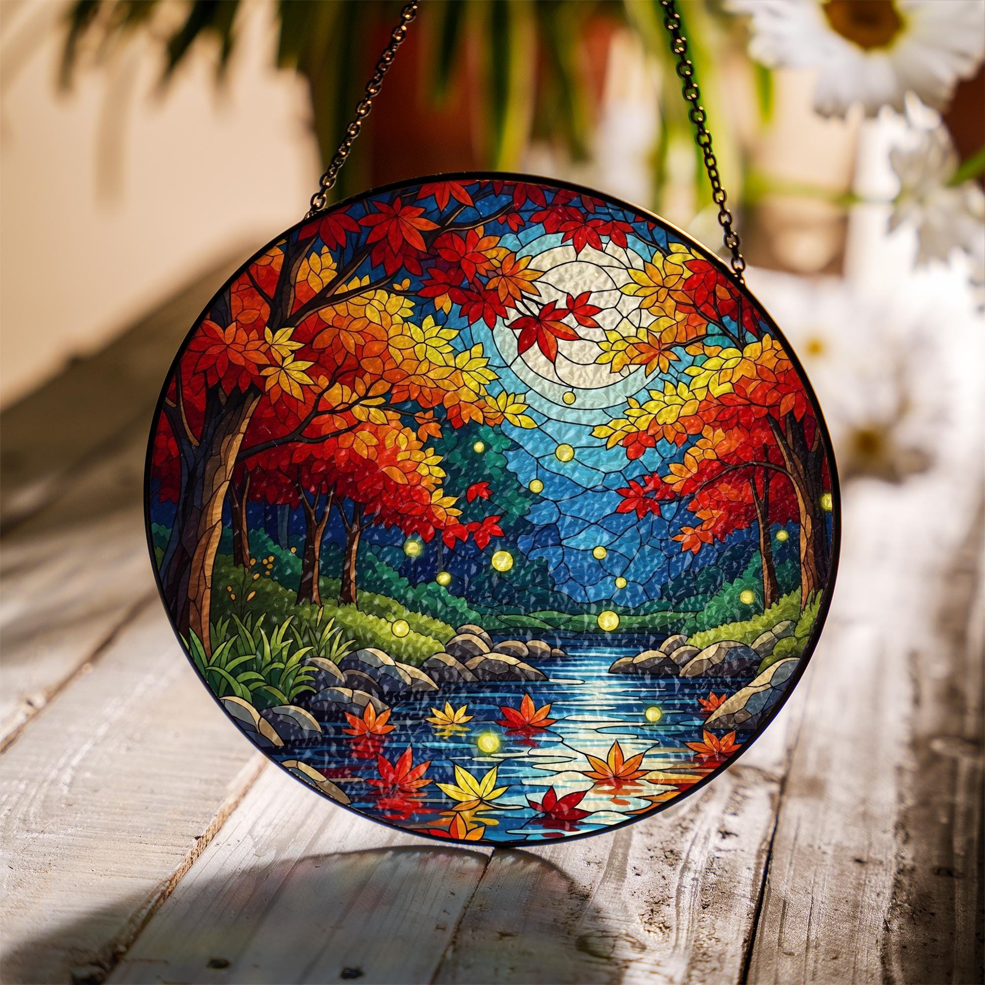 Autumn Forest Moon Suncatcher - Faux Stained Glass Fall Window Decor, Firefly Night River Scene Hanging for Cozy Woodland Vibes