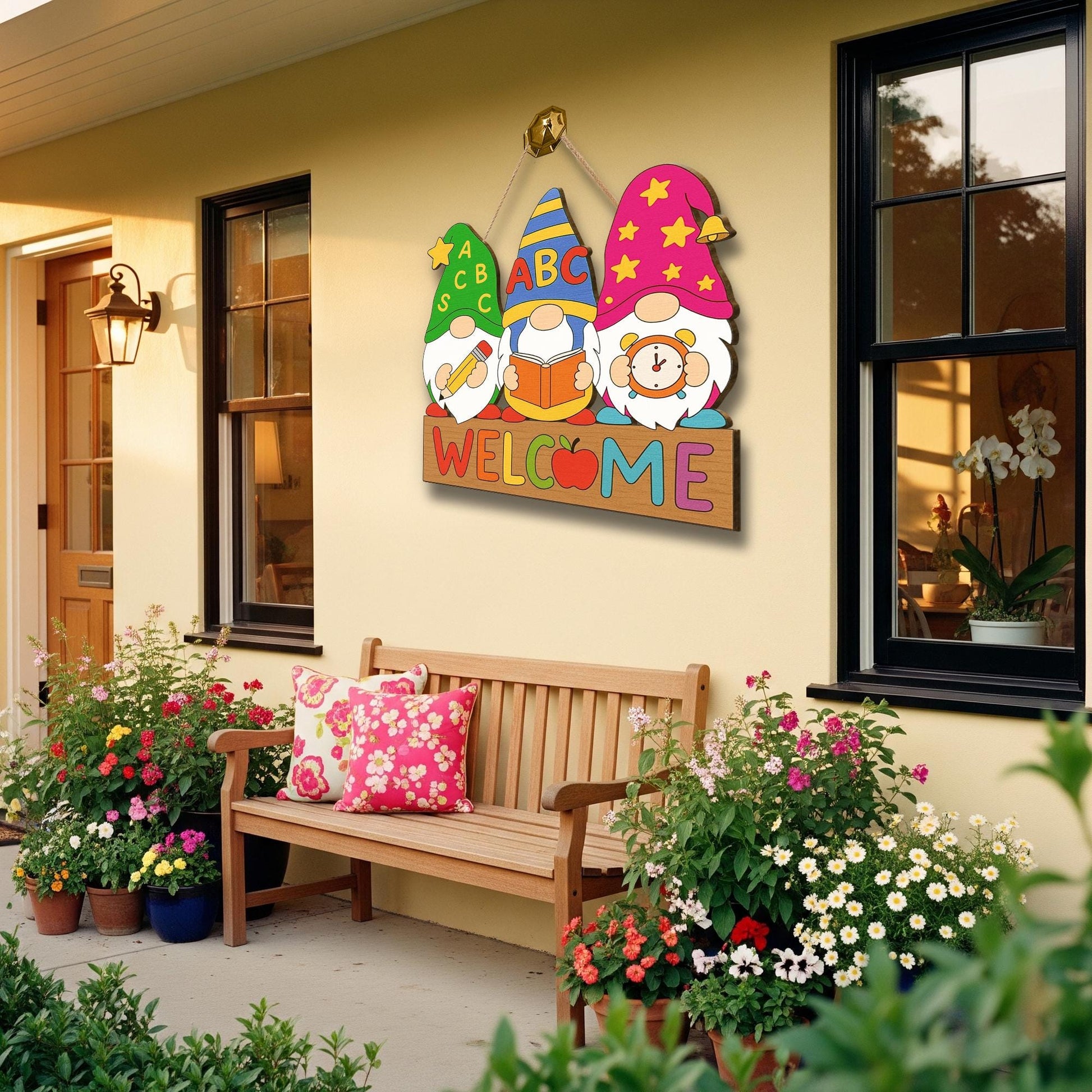 Back to School Gnome Door Sign, Classroom Welcome Wooden Hanging Decor, Teacher ABC Pencil Book Apple Sign, First Day Classroom Gift