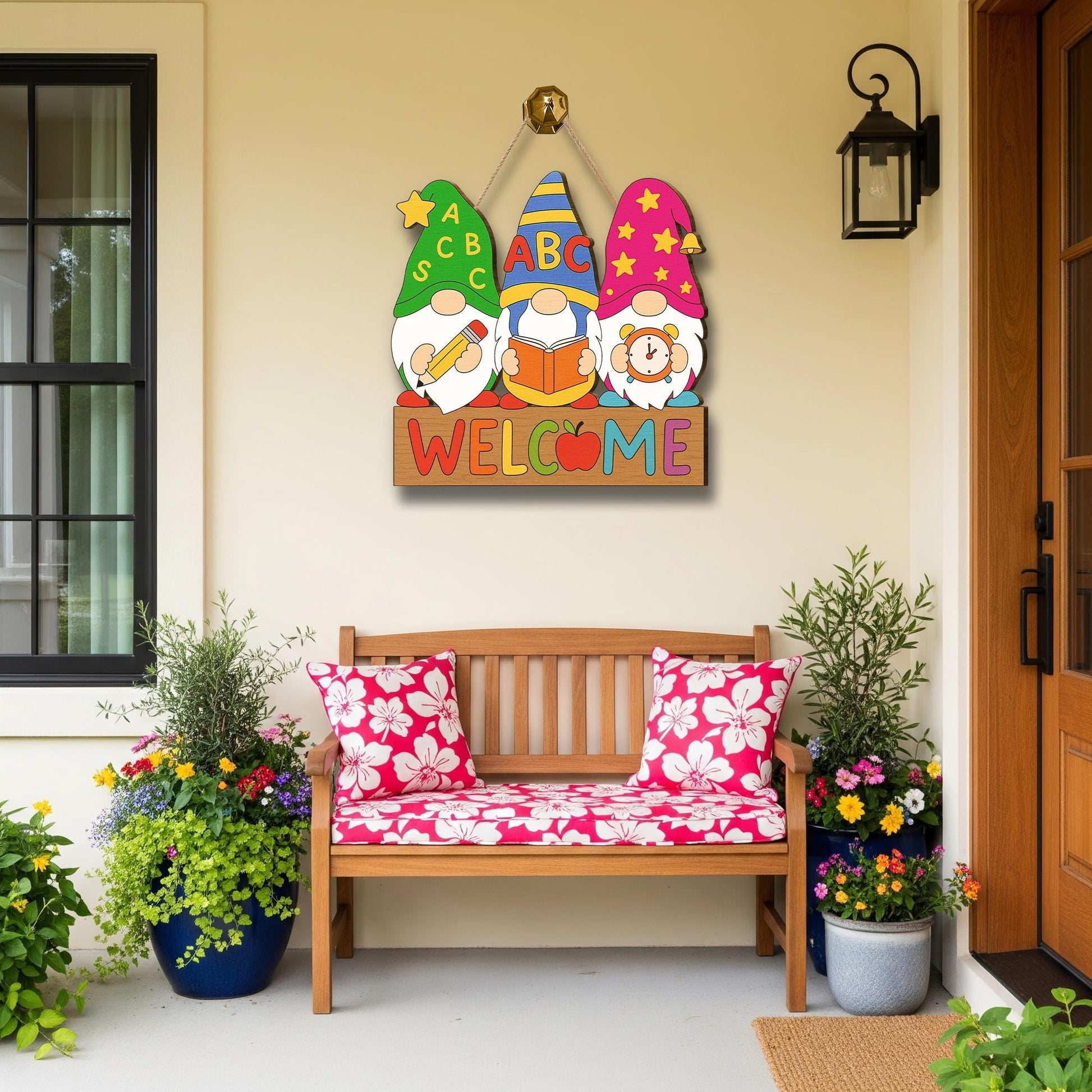Back to School Gnome Door Sign, Classroom Welcome Wooden Hanging Decor, Teacher ABC Pencil Book Apple Sign, First Day Classroom Gift