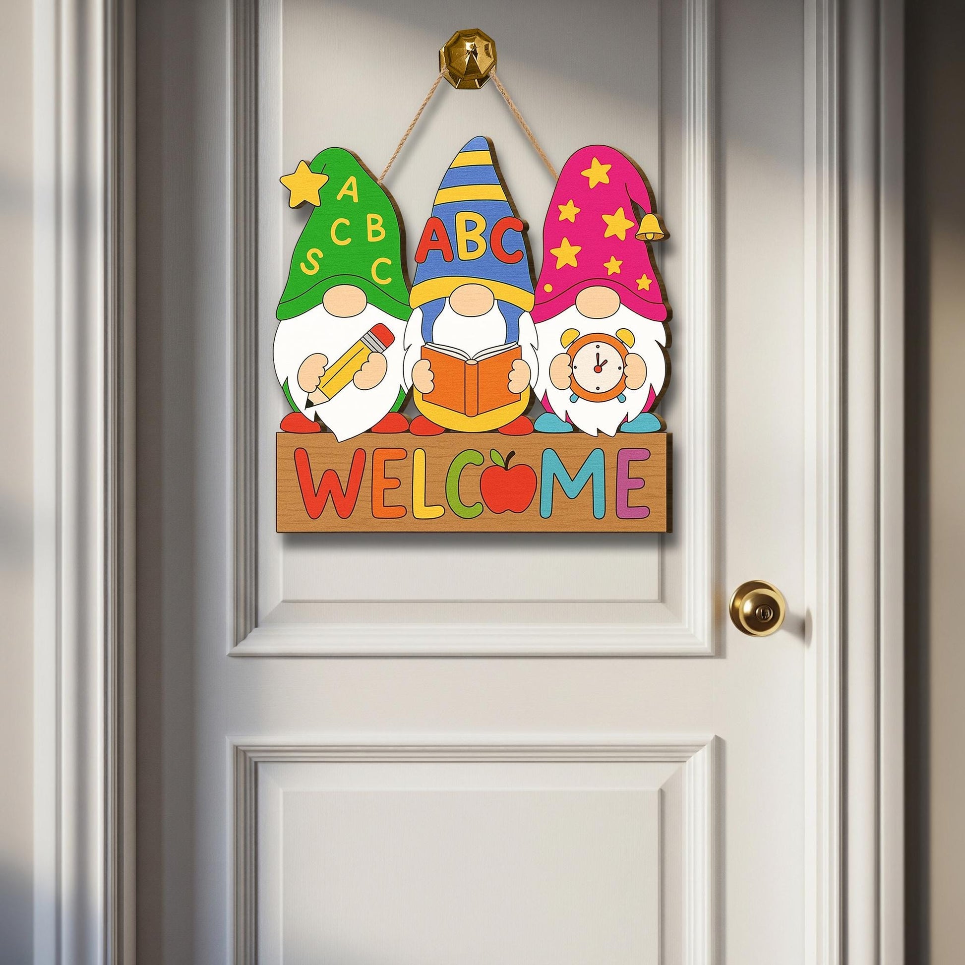 Back to School Gnome Door Sign, Classroom Welcome Wooden Hanging Decor, Teacher ABC Pencil Book Apple Sign, First Day Classroom Gift