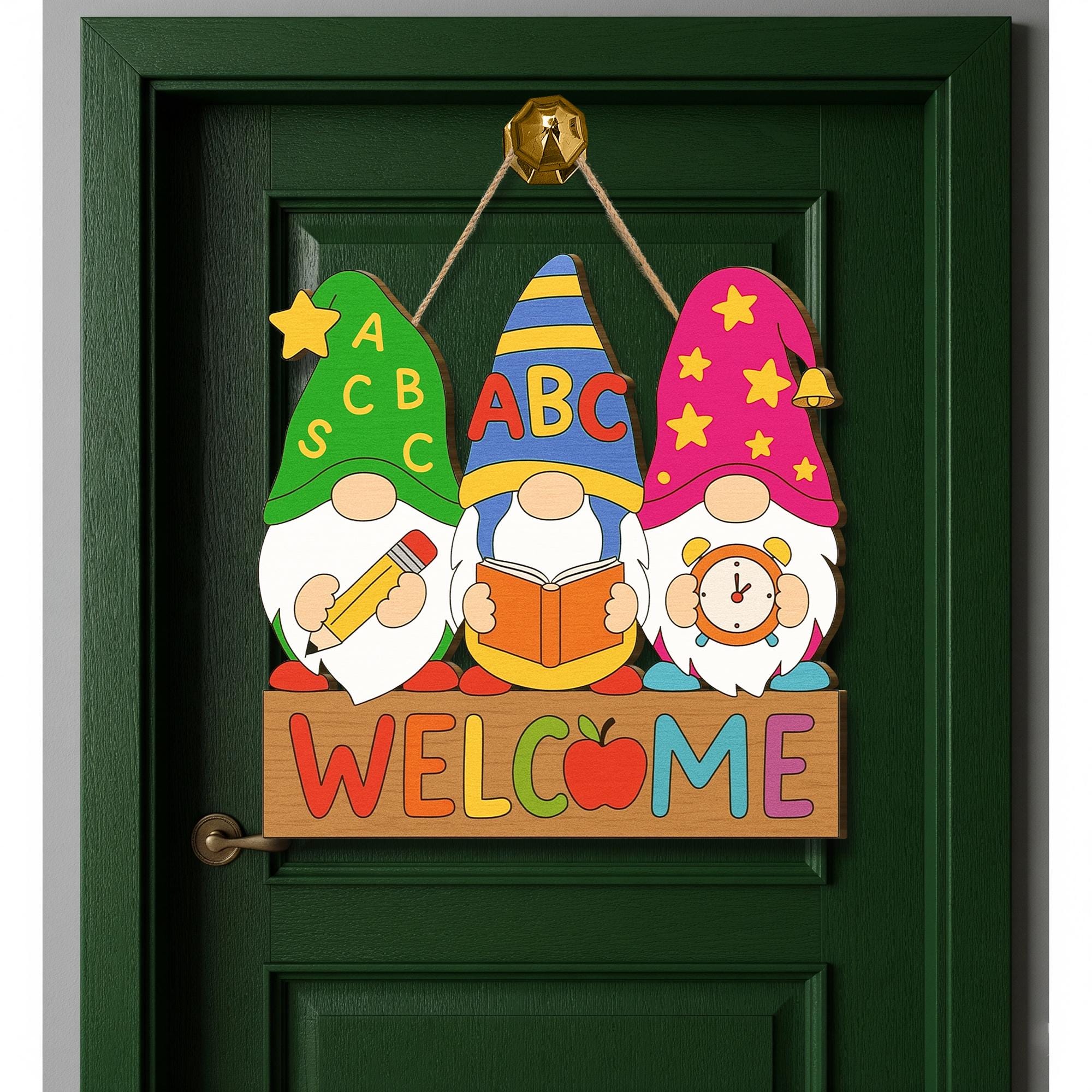 Back to School Gnome Door Sign, Classroom Welcome Wooden Hanging Decor, Teacher ABC Pencil Book Apple Sign, First Day Classroom Gift