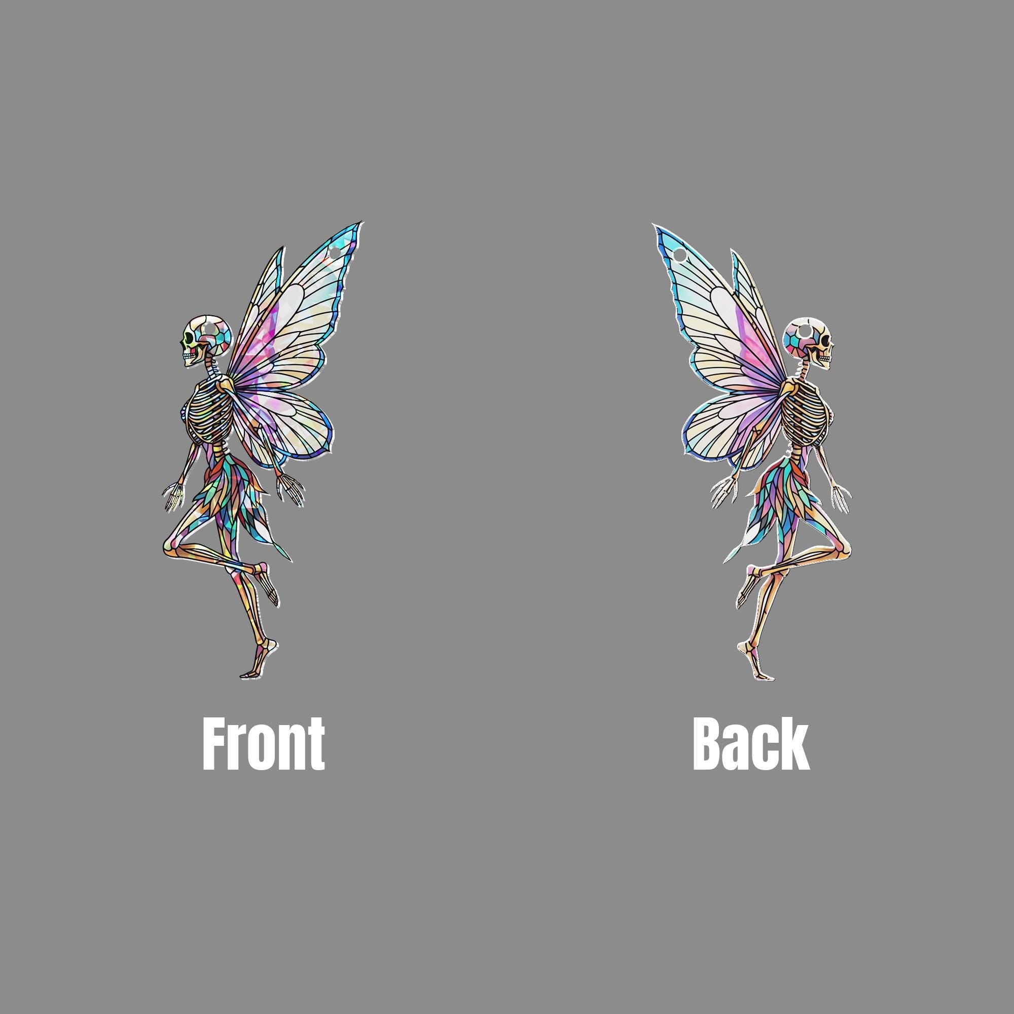 Skeleton Fairy Window Hanging - Gothic Holographic Stained Glass Look Suncatcher, Spooky Cute Halloween Fantasy Decor for Home