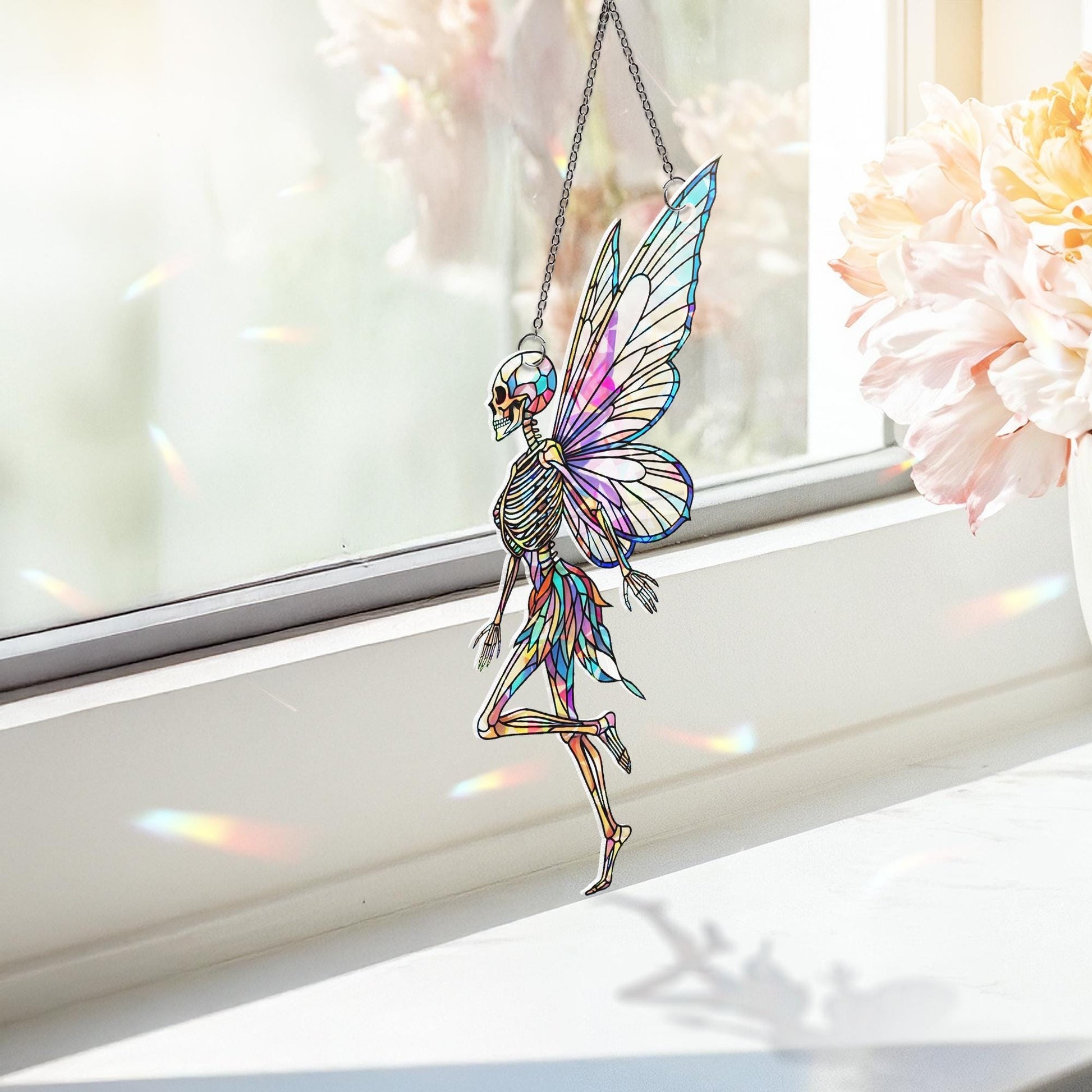 Skeleton Fairy Window Hanging - Gothic Holographic Stained Glass Look Suncatcher, Spooky Cute Halloween Fantasy Decor for Home