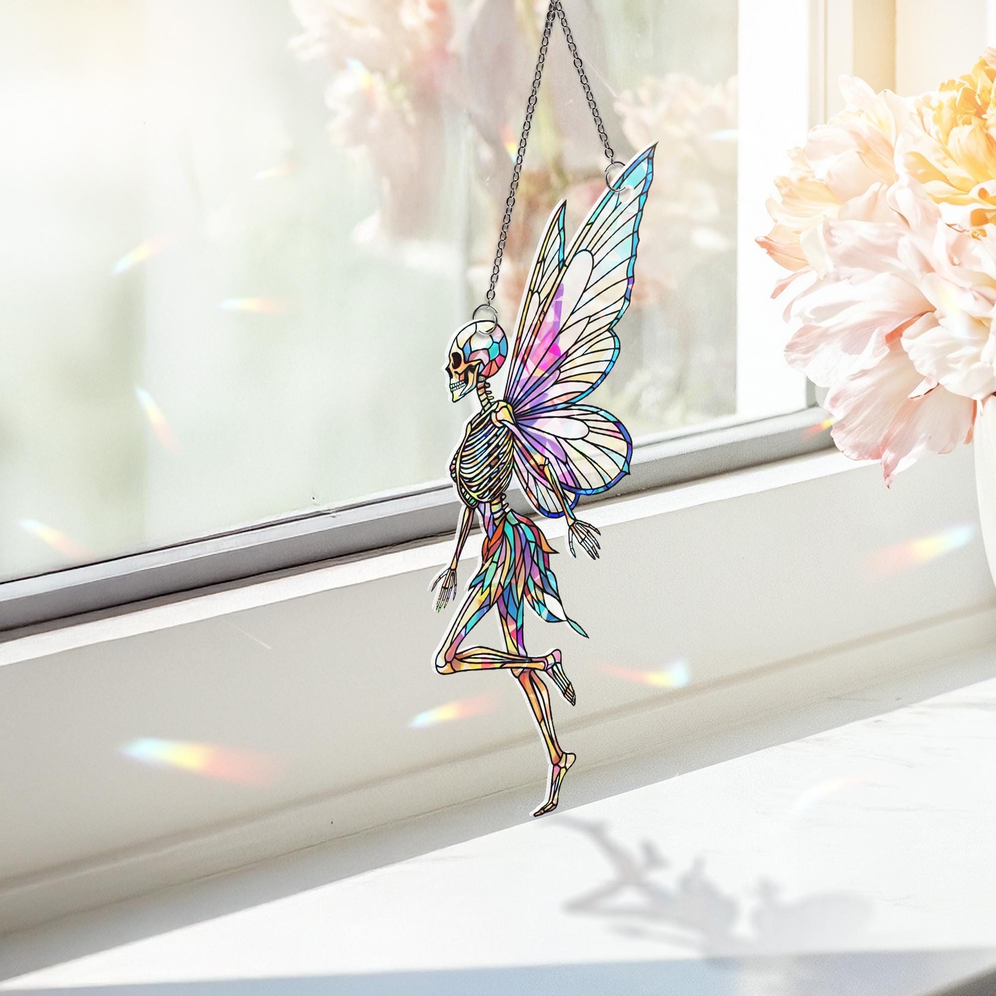Skeleton Fairy Window Hanging - Gothic Holographic Stained Glass Look Suncatcher, Spooky Cute Halloween Fantasy Decor for Home
